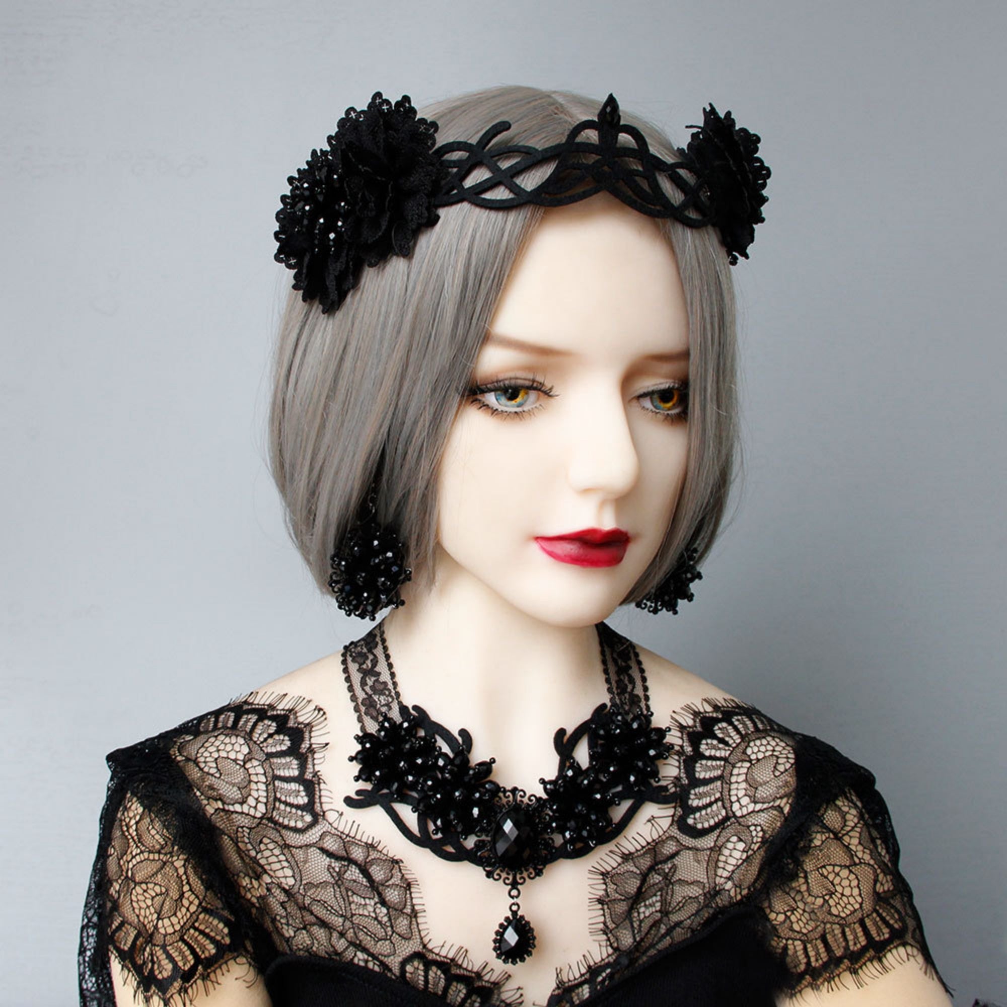 Halloween Black Lace Crystal Flower Cluster Statement Necklace | Black Gem Teardrop Gothic Vampire Queen Dark Bridal Costume Jewelry Halloween Gift