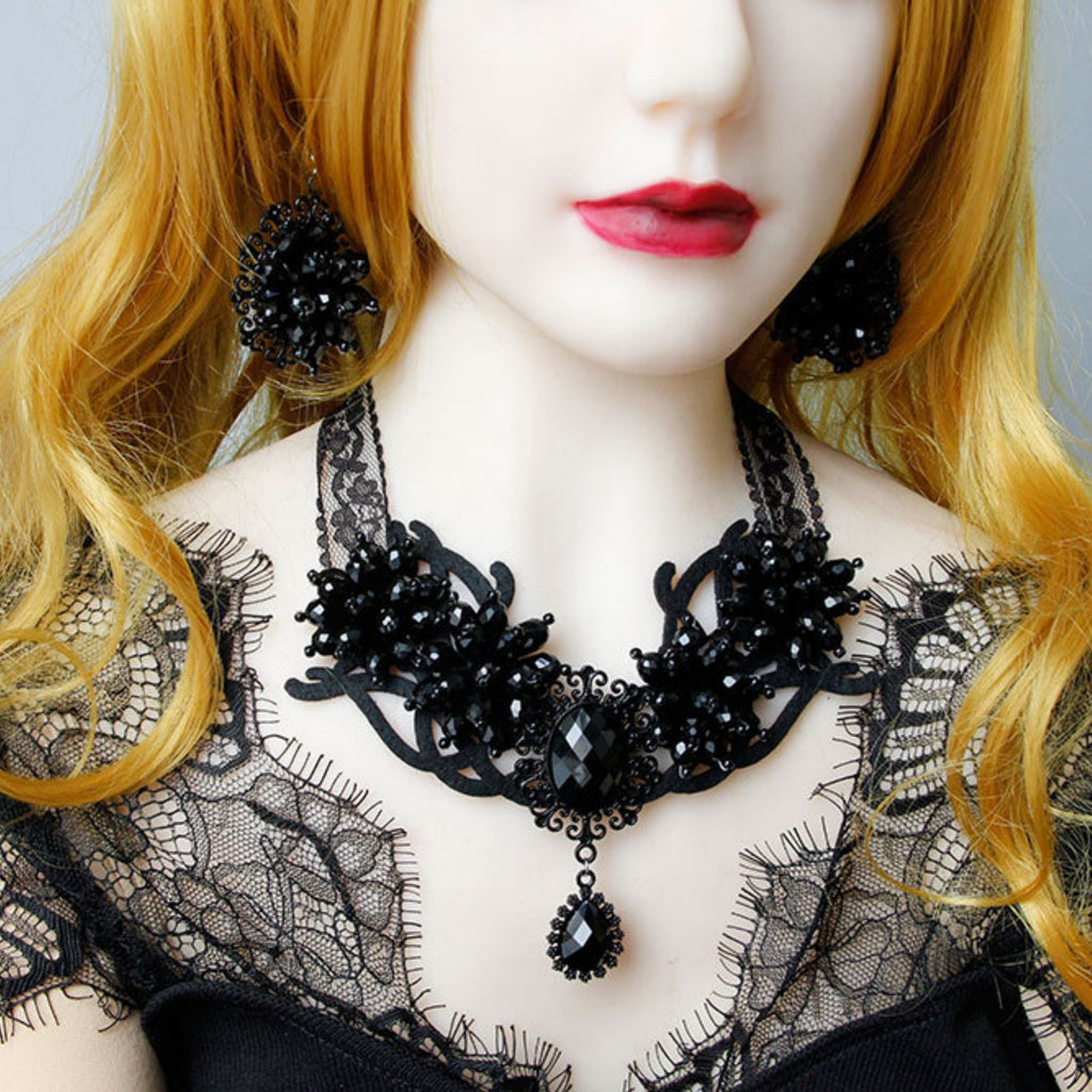 Halloween Black Lace Crystal Flower Cluster Statement Necklace | Black Gem Teardrop Gothic Vampire Queen Dark Bridal Costume Jewelry Halloween Gift