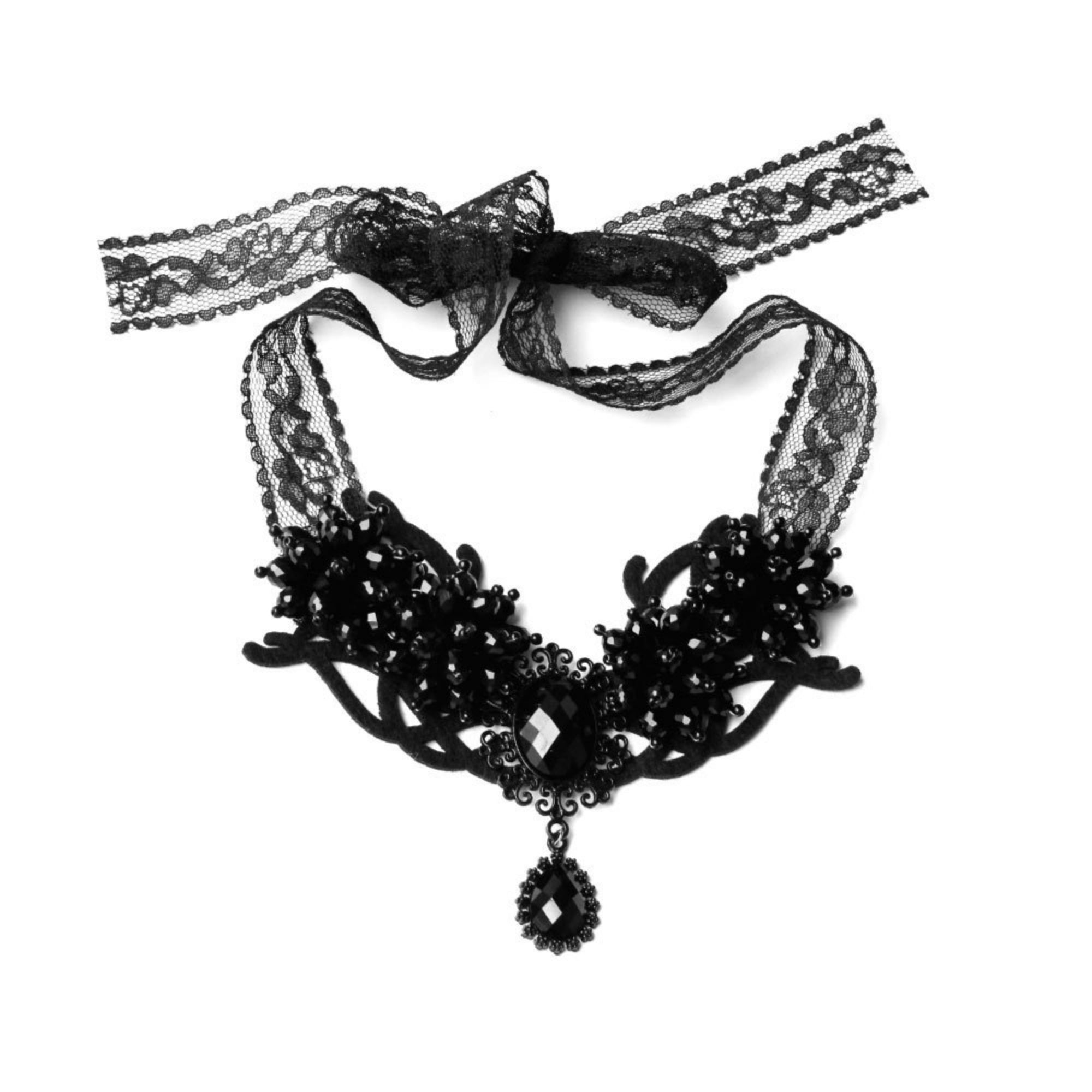 Halloween Black Lace Crystal Flower Cluster Statement Necklace | Black Gem Teardrop Gothic Vampire Queen Dark Bridal Costume Jewelry Halloween Gift
