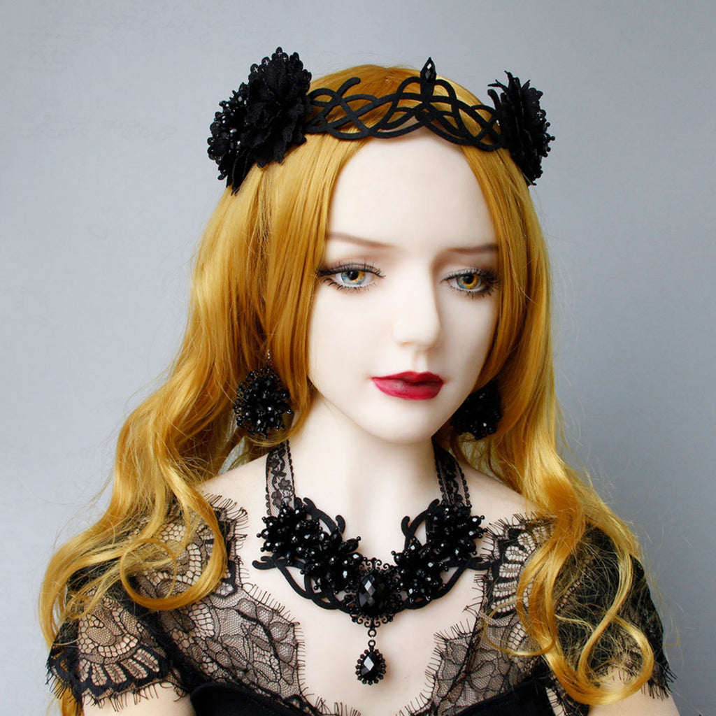 Halloween Black Lace Crystal Flower Cluster Statement Necklace | Black Gem Teardrop Gothic Vampire Queen Dark Bridal Costume Jewelry Halloween Gift