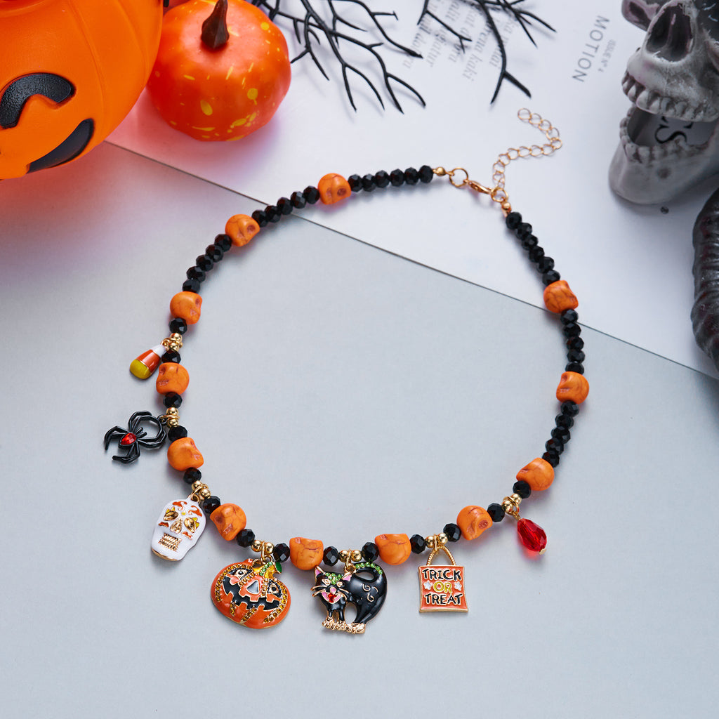 Halloween Pumpkin Skull Black Cat Charm Beaded Necklace | Orange Bead Black Crystal Trick or Treat Halloween Jewelry