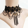Victorian Gothic Black Lace Wide Choker Necklace | Antique Bronze Gem Flower Black Teardrop Chain Tassel Dark Romance Jewelry