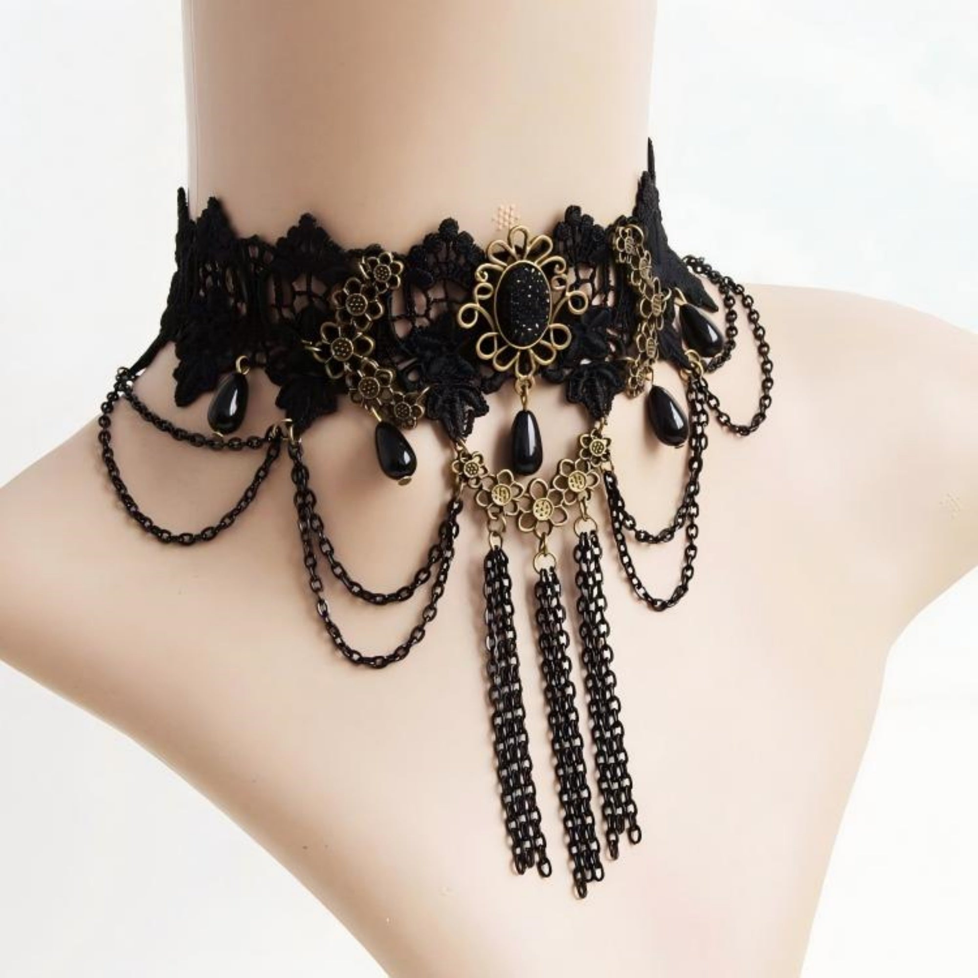 Victorian Gothic Black Lace Wide Choker Necklace | Antique Bronze Gem Flower Black Teardrop Chain Tassel Dark Romance Jewelry