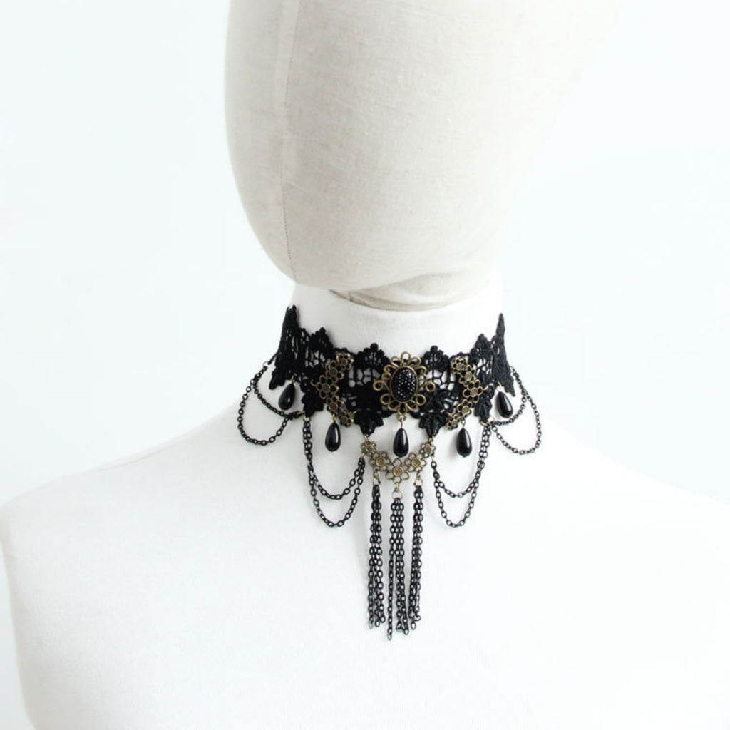 Victorian Gothic Black Lace Wide Choker Necklace | Antique Bronze Gem Flower Black Teardrop Chain Tassel Dark Romance Jewelry
