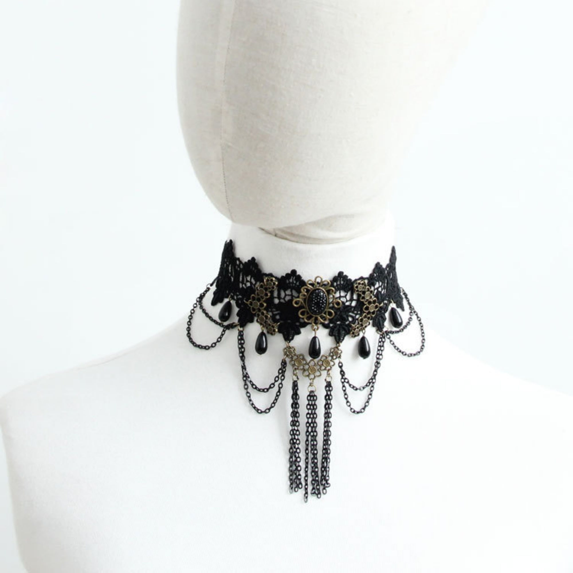Victorian Gothic Black Lace Wide Choker Necklace | Antique Bronze Gem Flower Black Teardrop Chain Tassel Dark Romance Jewelry