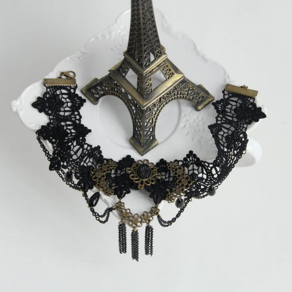 Victorian Gothic Black Lace Wide Choker Necklace | Antique Bronze Gem Flower Black Teardrop Chain Tassel Dark Romance Jewelry