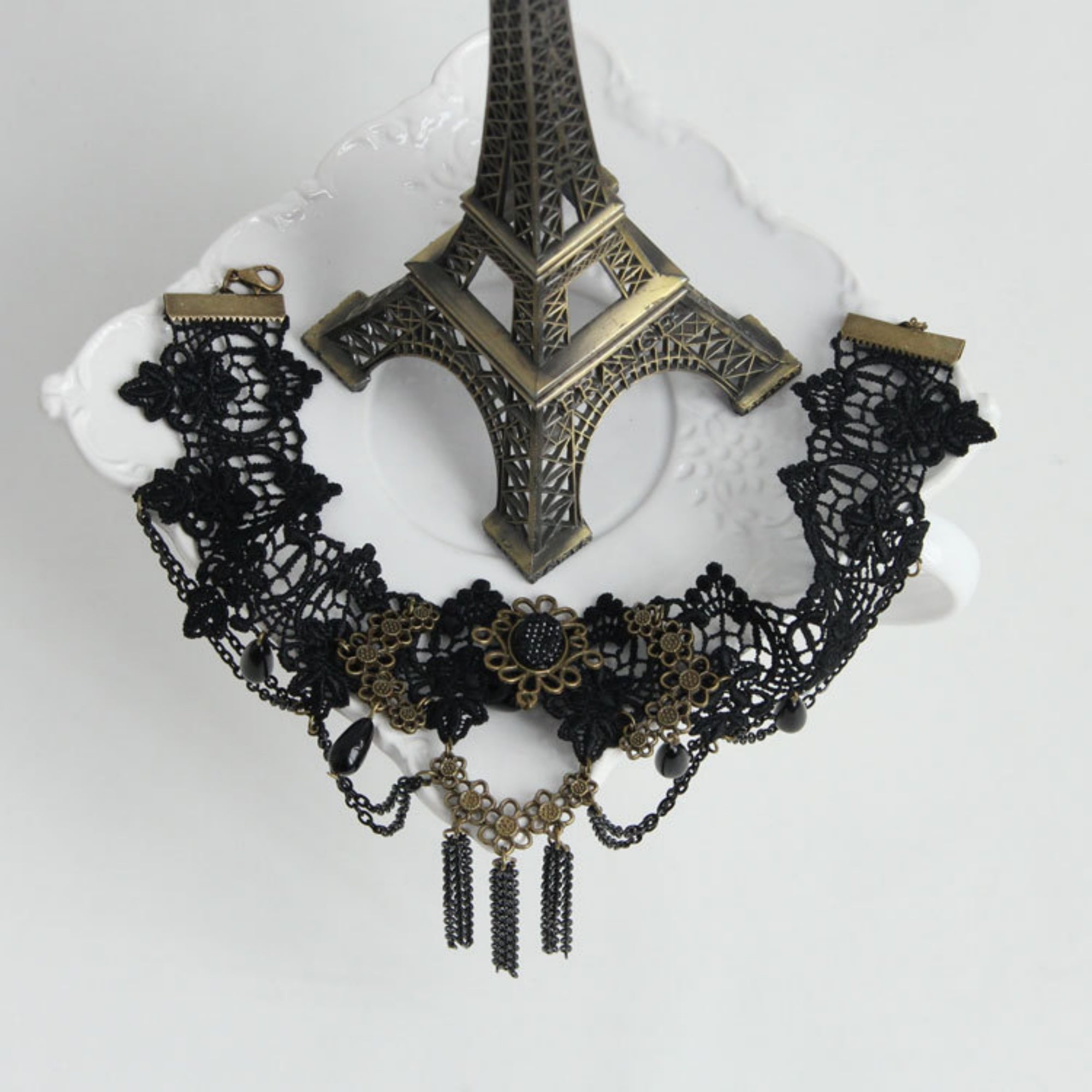 Victorian Gothic Black Lace Wide Choker Necklace | Antique Bronze Gem Flower Black Teardrop Chain Tassel Dark Romance Jewelry