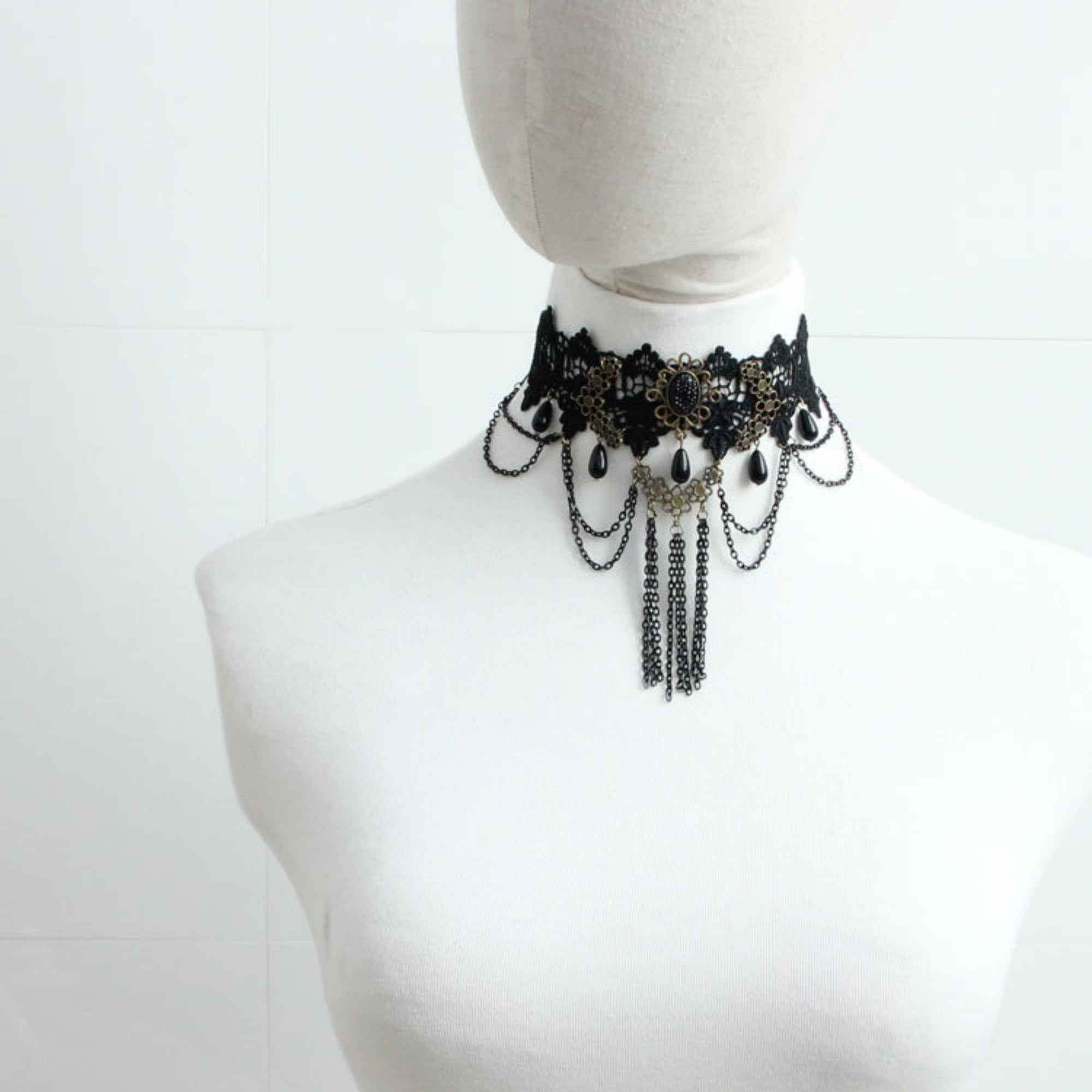 Victorian Gothic Black Lace Wide Choker Necklace | Antique Bronze Gem Flower Black Teardrop Chain Tassel Dark Romance Jewelry