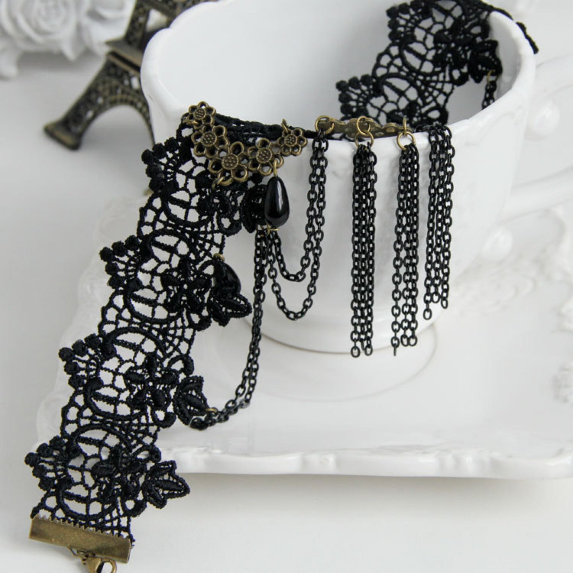 Victorian Gothic Black Lace Wide Choker Necklace | Antique Bronze Gem Flower Black Teardrop Chain Tassel Dark Romance Jewelry