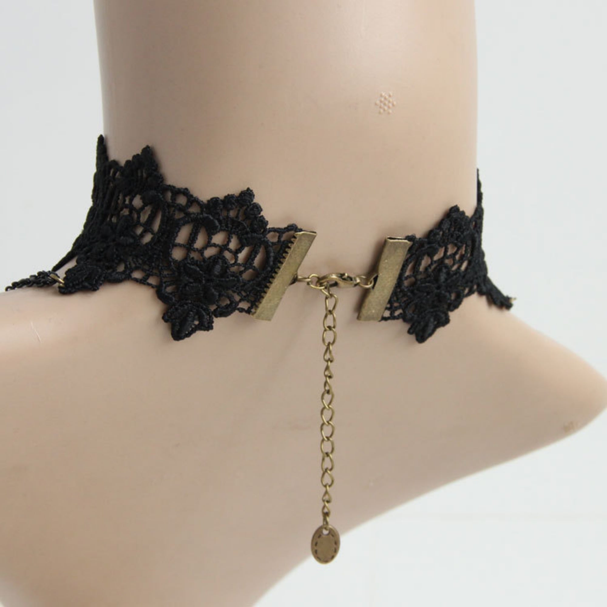 Victorian Gothic Black Lace Wide Choker Necklace | Antique Bronze Gem Flower Black Teardrop Chain Tassel Dark Romance Jewelry