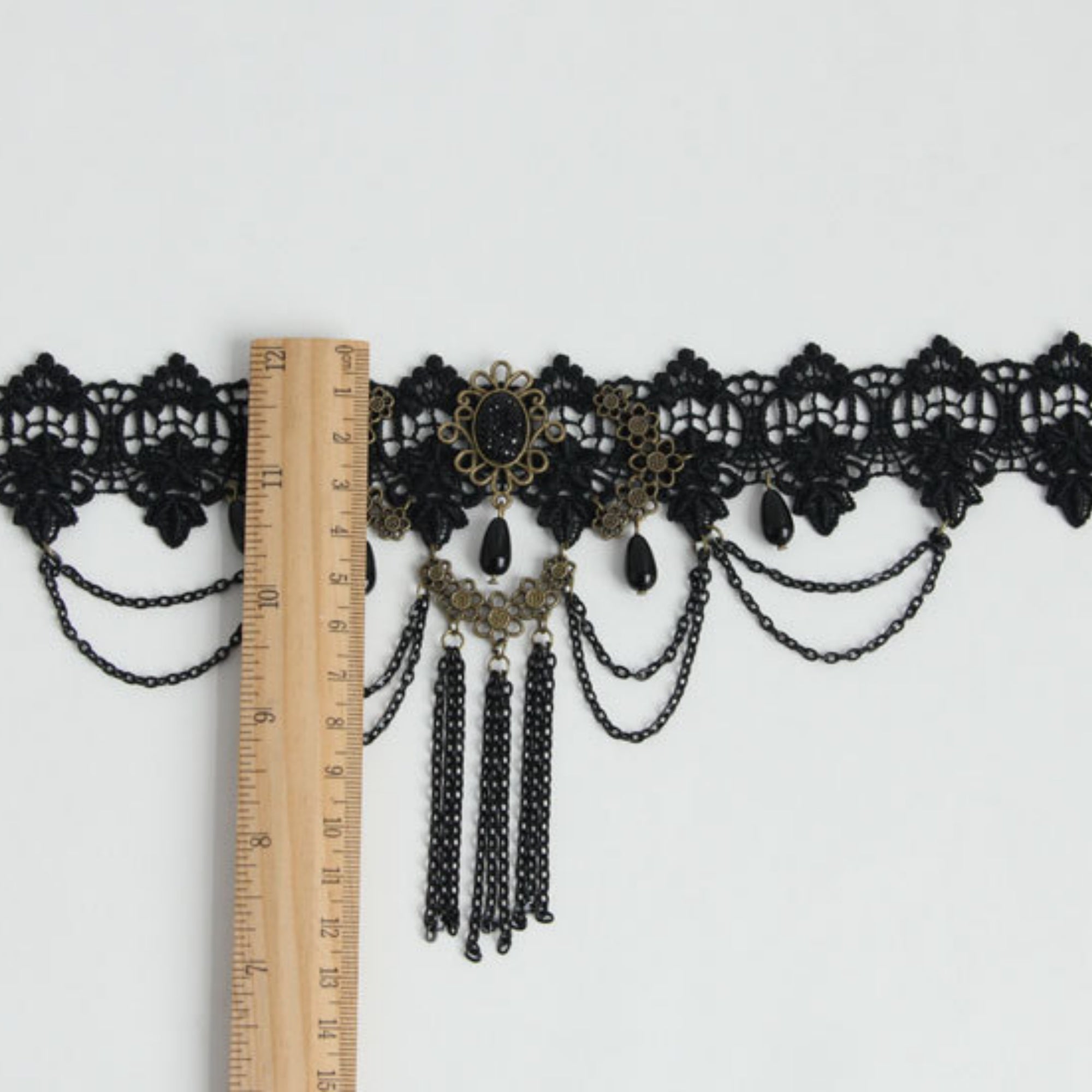 Victorian Gothic Black Lace Wide Choker Necklace | Antique Bronze Gem Flower Black Teardrop Chain Tassel Dark Romance Jewelry