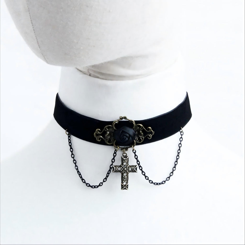 Halloween Black Velvet Choker Necklace | Black Rose Enamel Bronze Filigree Cross Chain Drop Gothic Cross Vampire Halloween Costume Jewelry Gift
