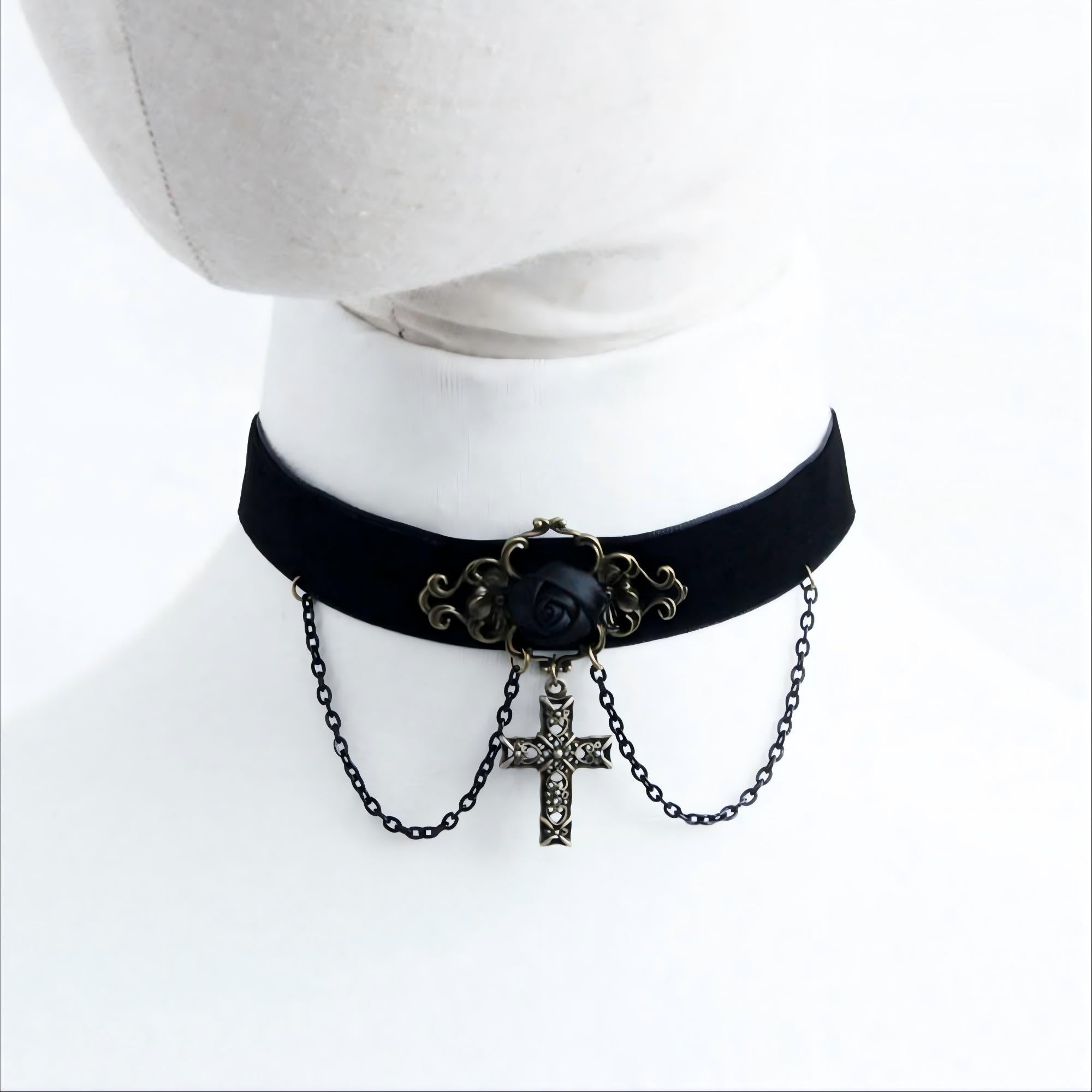 Halloween Black Velvet Choker Necklace | Black Rose Enamel Bronze Filigree Cross Chain Drop Gothic Cross Vampire Halloween Costume Jewelry Gift