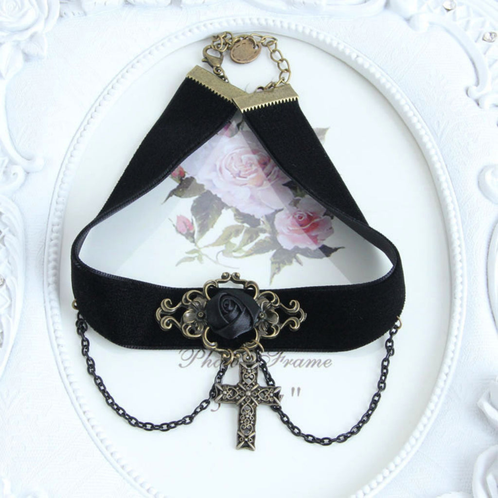 Halloween Black Velvet Choker Necklace | Black Rose Enamel Bronze Filigree Cross Chain Drop Gothic Cross Vampire Halloween Costume Jewelry Gift