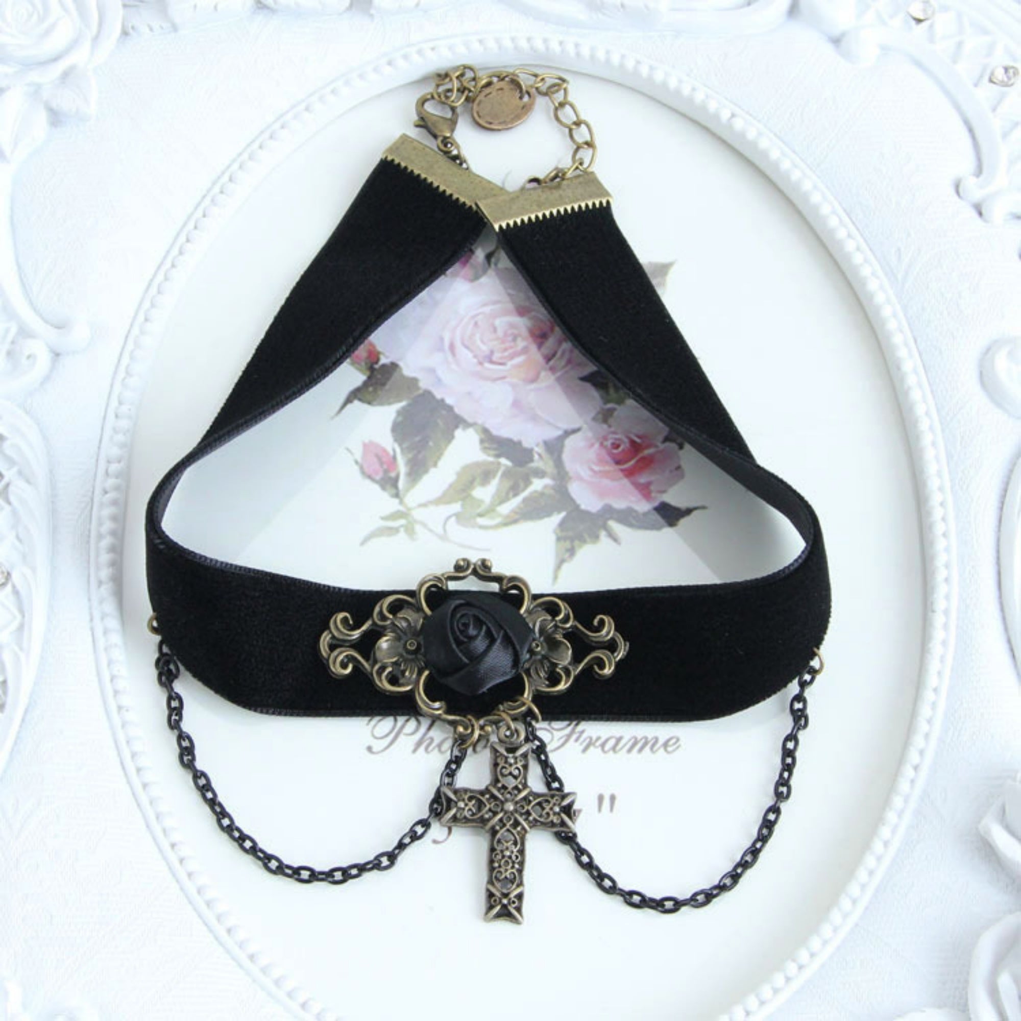 Halloween Black Velvet Choker Necklace | Black Rose Enamel Bronze Filigree Cross Chain Drop Gothic Cross Vampire Halloween Costume Jewelry Gift