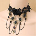 Halloween Black Lace Rose Wide Collar Necklace | 5 Antique Bronze Starburst Gem Black Chain Teardrop Bronze Heart Drop Victorian Gothic Statement Halloween Costume Jewelry Gift