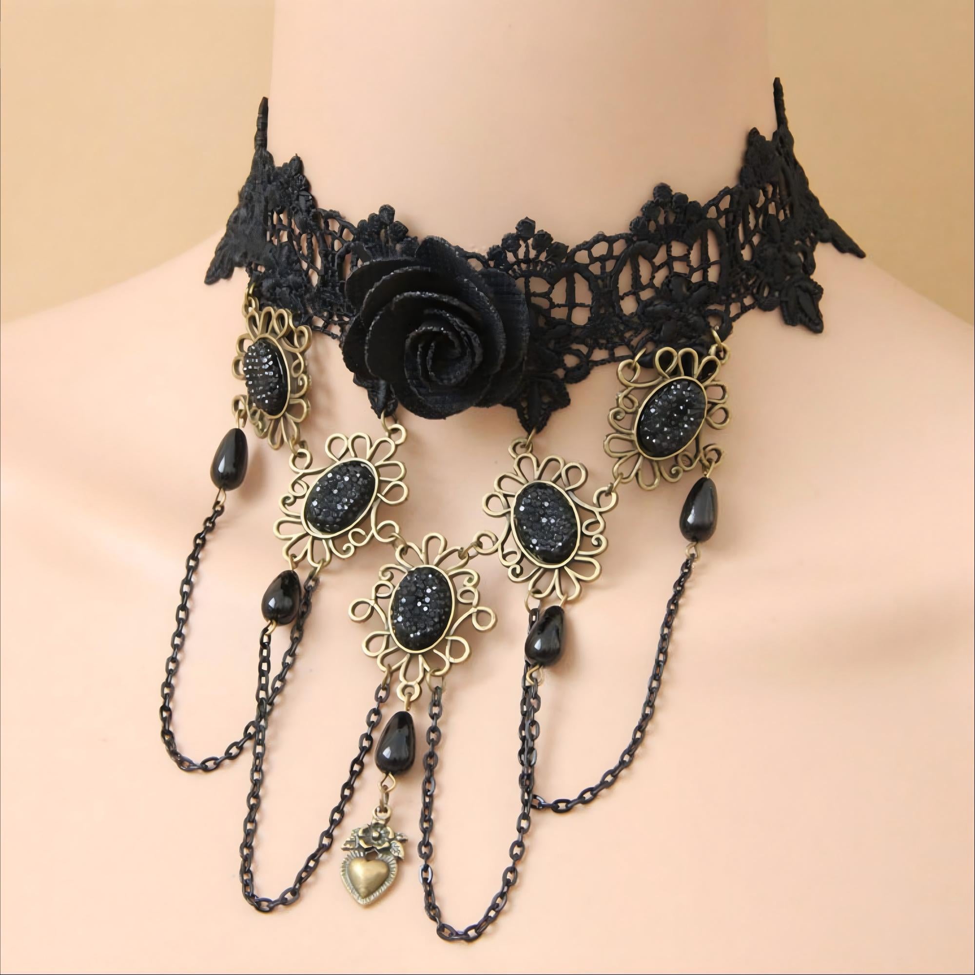 Halloween Black Lace Rose Wide Collar Necklace | 5 Antique Bronze Starburst Gem Black Chain Teardrop Bronze Heart Drop Victorian Gothic Statement Halloween Costume Jewelry Gift