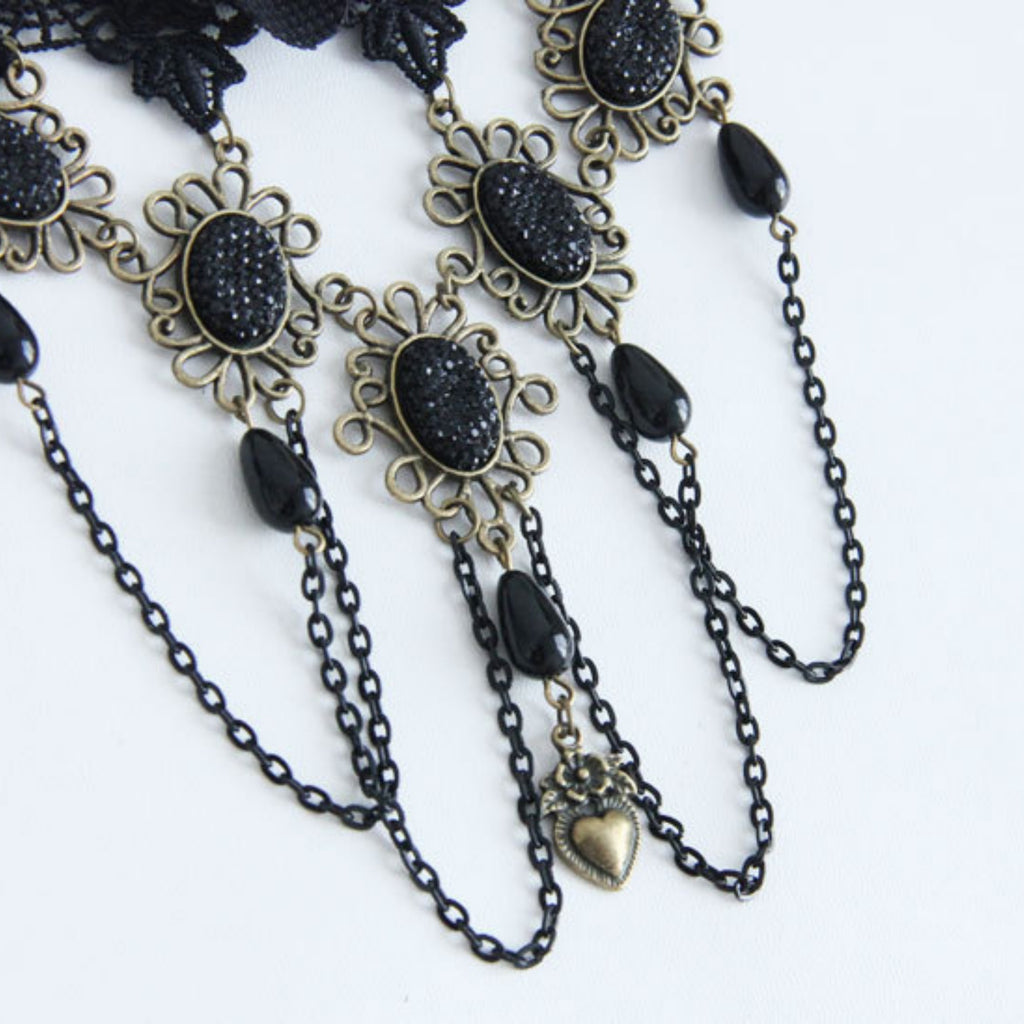 Halloween Black Lace Rose Wide Collar Necklace | 5 Antique Bronze Starburst Gem Black Chain Teardrop Bronze Heart Drop Victorian Gothic Statement Halloween Costume Jewelry Gift