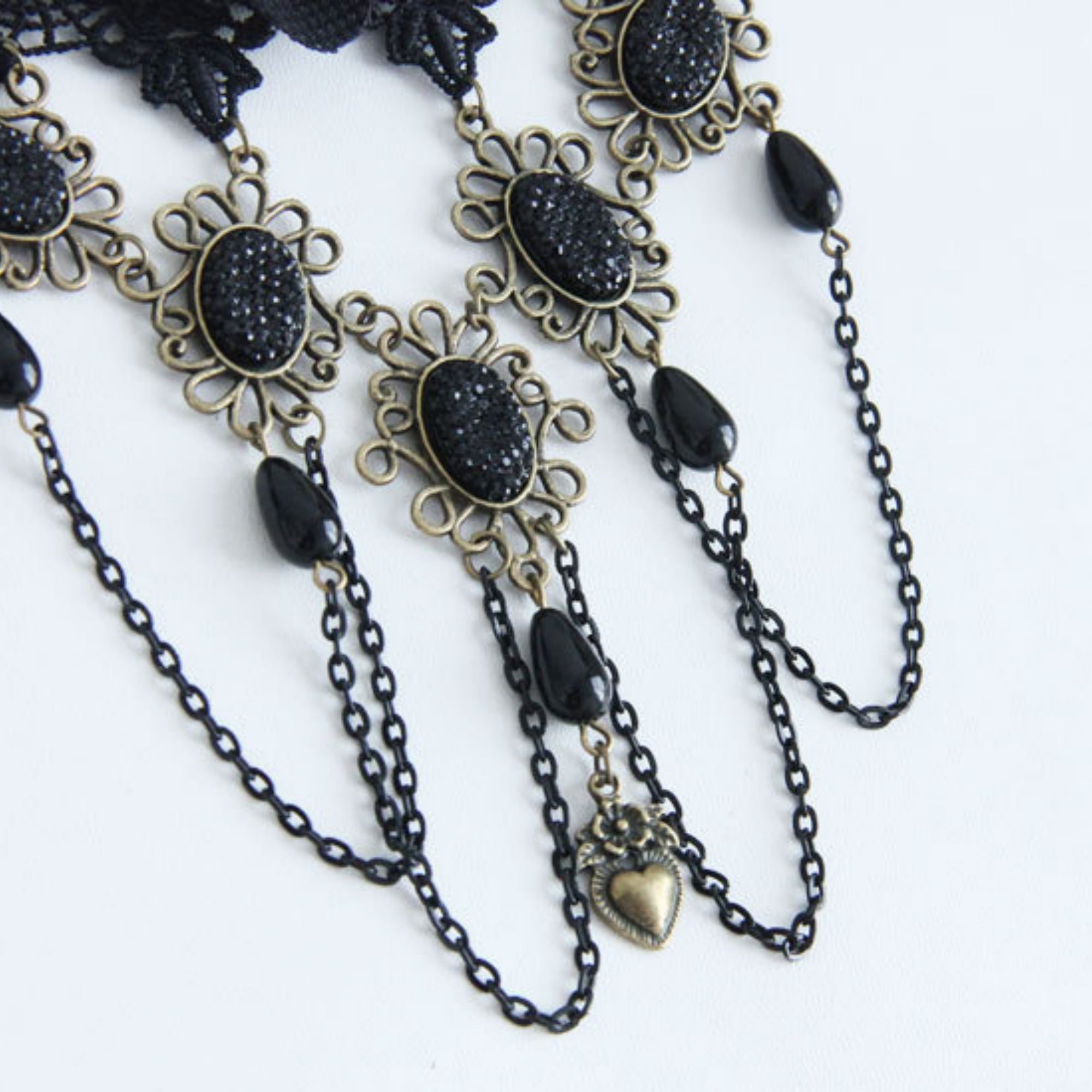 Halloween Black Lace Rose Wide Collar Necklace | 5 Antique Bronze Starburst Gem Black Chain Teardrop Bronze Heart Drop Victorian Gothic Statement Halloween Costume Jewelry Gift