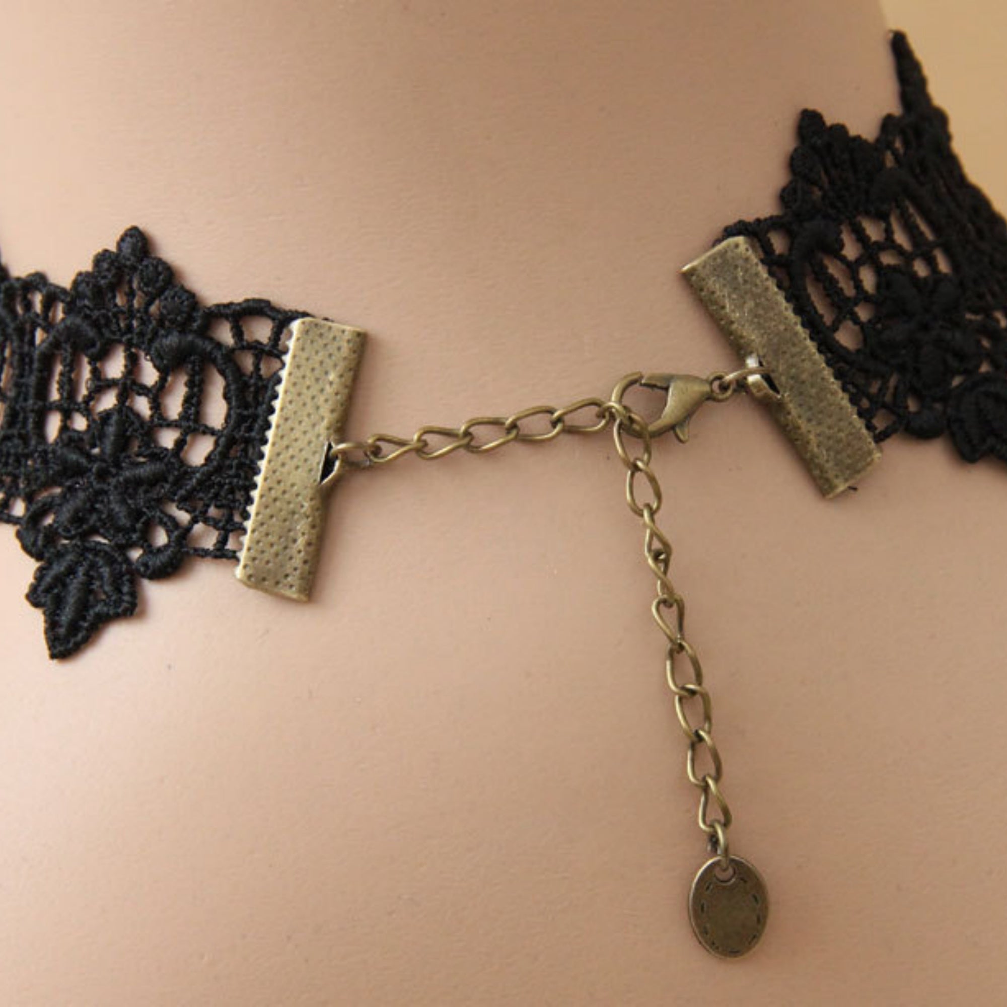 Halloween Black Lace Rose Wide Collar Necklace | 5 Antique Bronze Starburst Gem Black Chain Teardrop Bronze Heart Drop Victorian Gothic Statement Halloween Costume Jewelry Gift