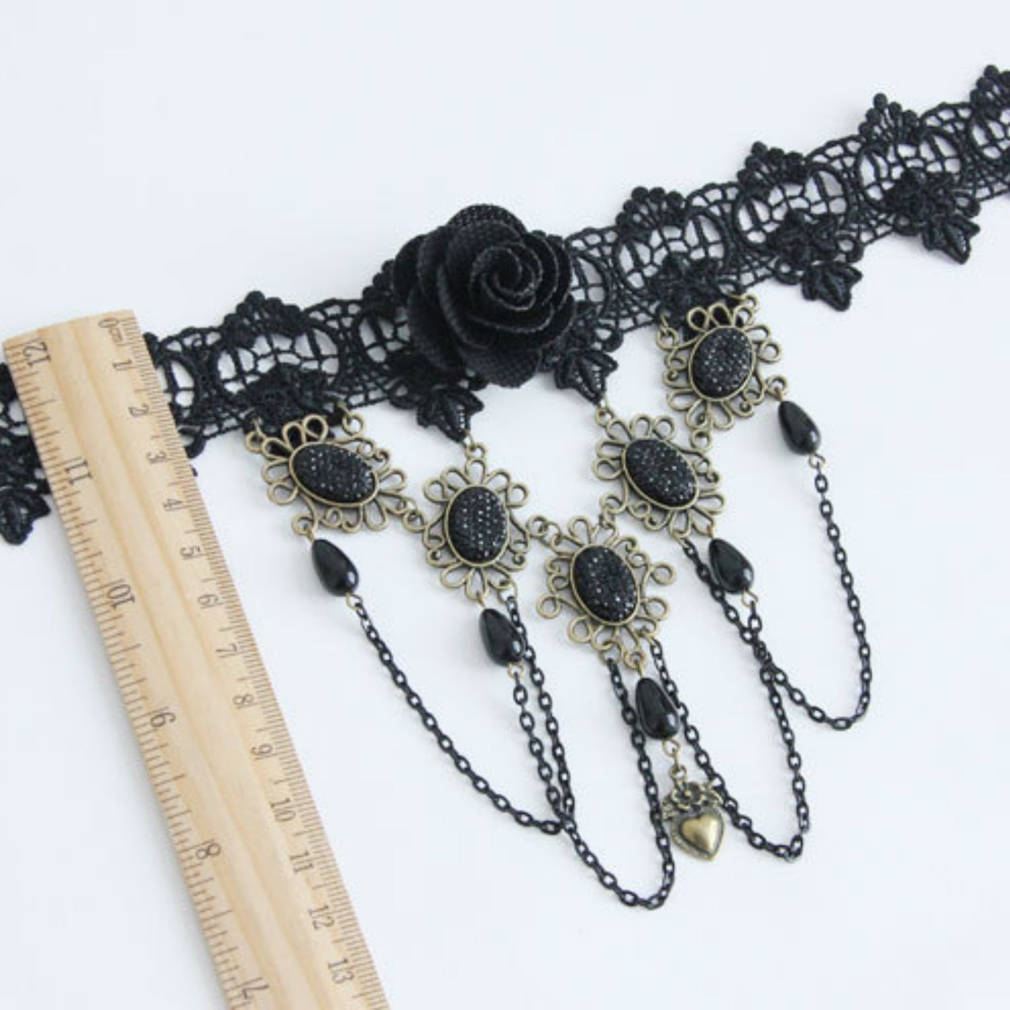 Halloween Black Lace Rose Wide Collar Necklace | 5 Antique Bronze Starburst Gem Black Chain Teardrop Bronze Heart Drop Victorian Gothic Statement Halloween Costume Jewelry Gift