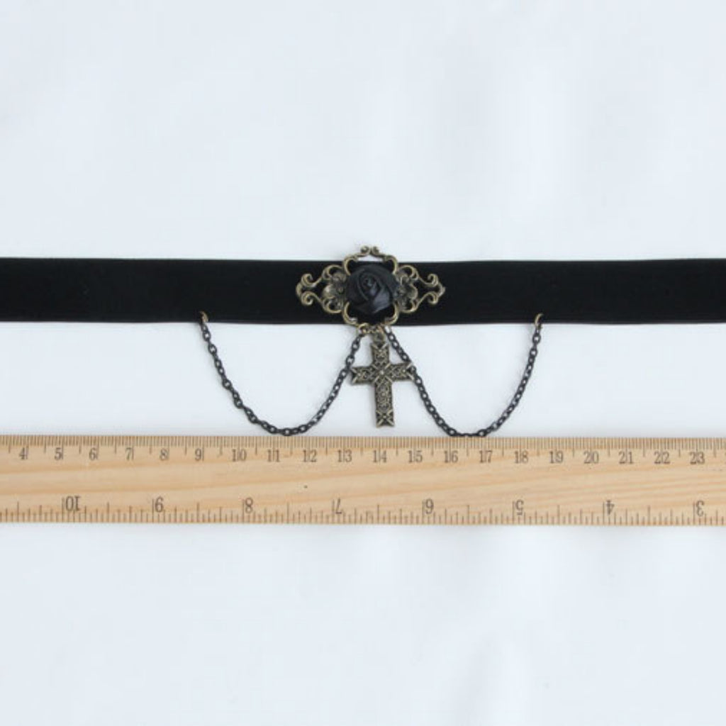 Halloween Black Velvet Choker Necklace | Black Rose Enamel Bronze Filigree Cross Chain Drop Gothic Cross Vampire Halloween Costume Jewelry Gift