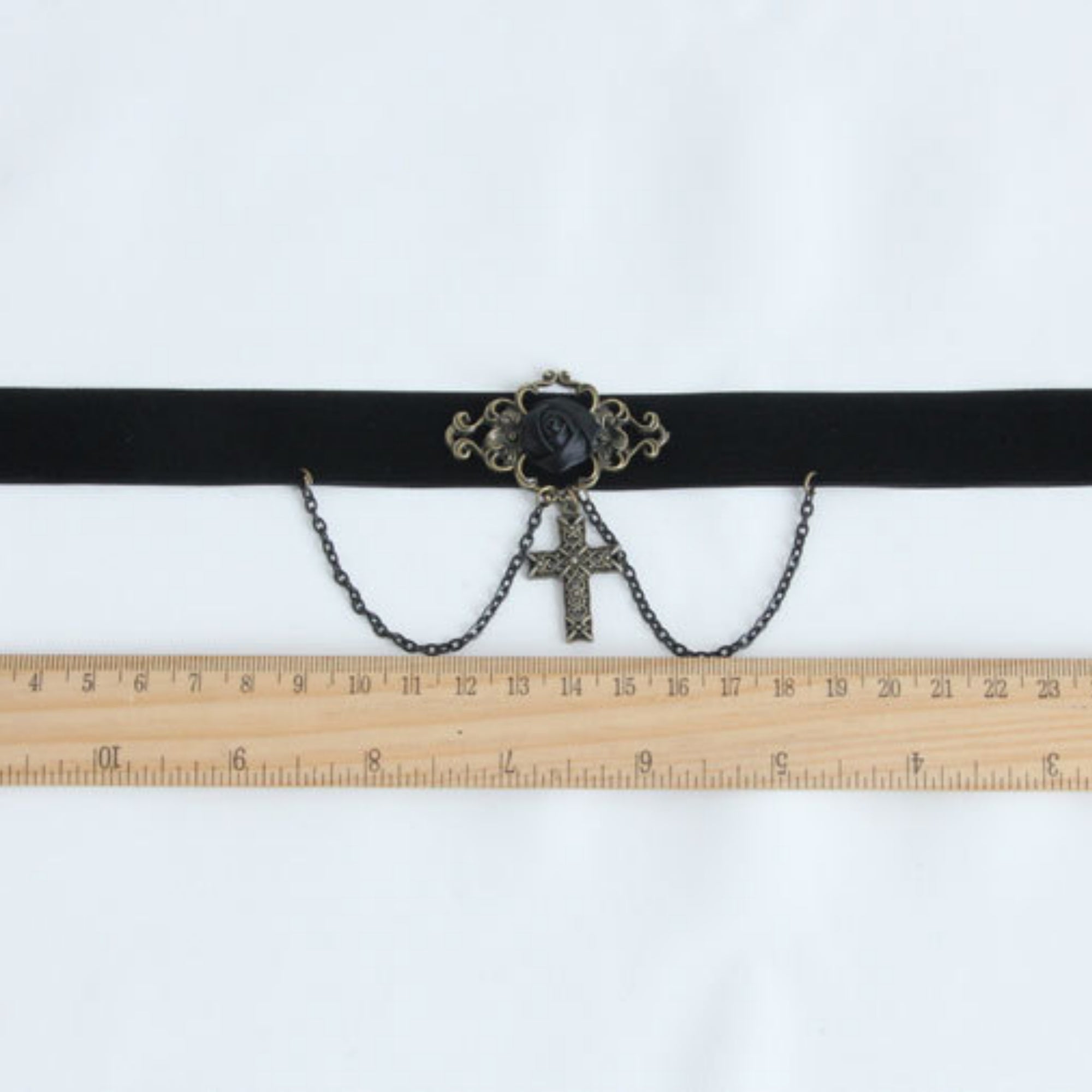 Halloween Black Velvet Choker Necklace | Black Rose Enamel Bronze Filigree Cross Chain Drop Gothic Cross Vampire Halloween Costume Jewelry Gift