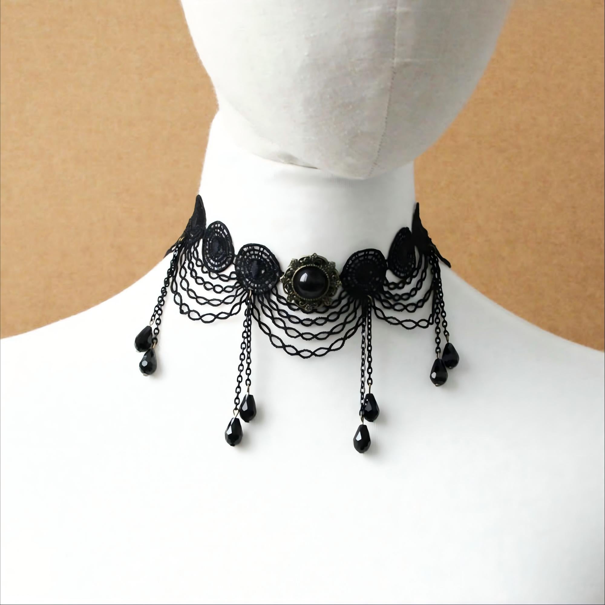 Halloween Black Gothic Lace Chandelier Collar Necklace | 6-Layer Chain 7 Crystal Teardrop Drop Victorian Gothic Queen Dark Empress Halloween Costume Jewelry Gift