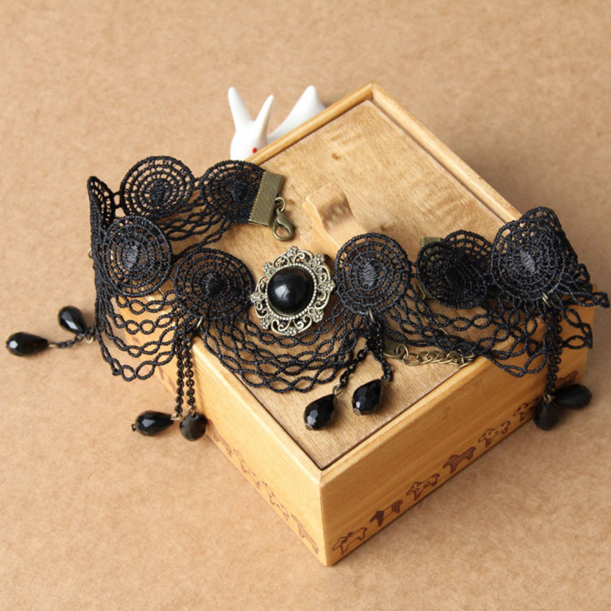 Halloween Black Gothic Lace Chandelier Collar Necklace | 6-Layer Chain 7 Crystal Teardrop Drop Victorian Gothic Queen Dark Empress Halloween Costume Jewelry Gift
