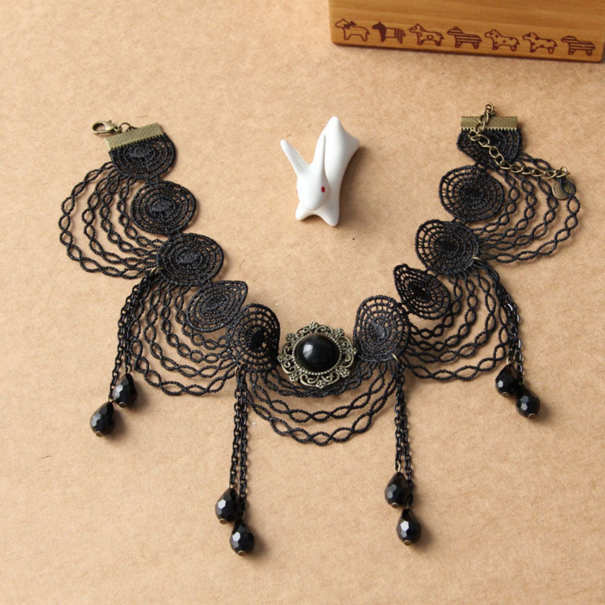 Halloween Black Gothic Lace Chandelier Collar Necklace | 6-Layer Chain 7 Crystal Teardrop Drop Victorian Gothic Queen Dark Empress Halloween Costume Jewelry Gift