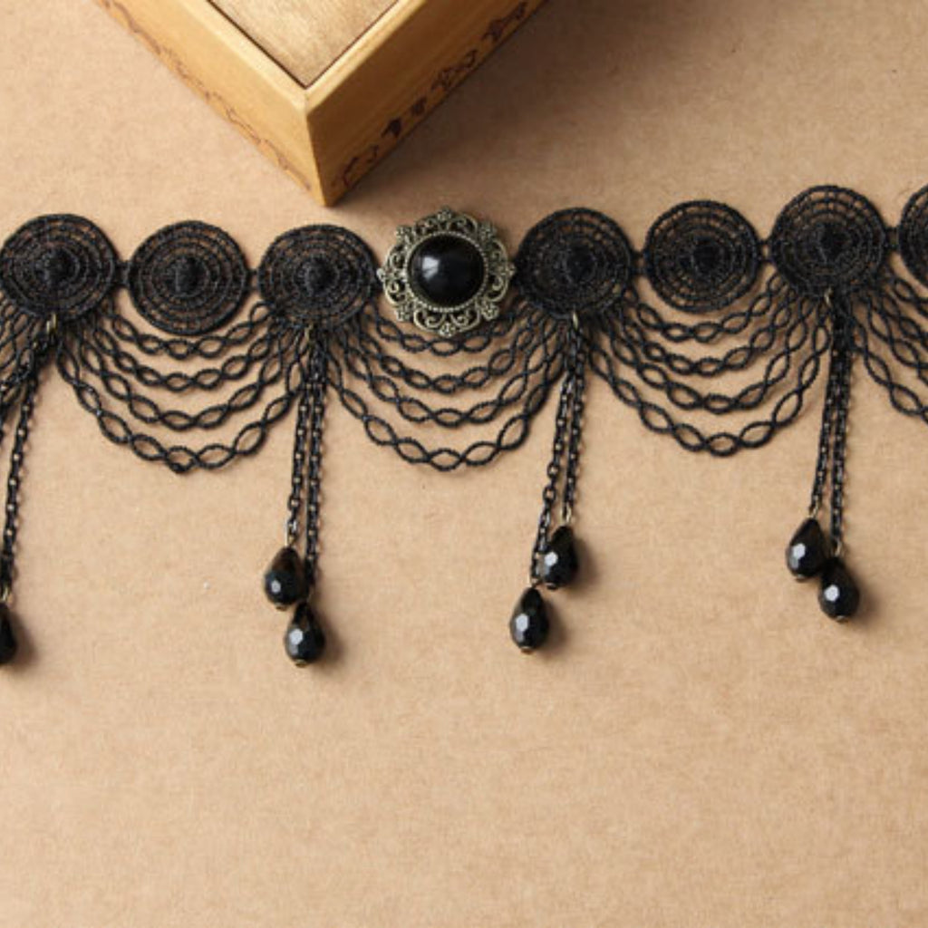 Halloween Black Gothic Lace Chandelier Collar Necklace | 6-Layer Chain 7 Crystal Teardrop Drop Victorian Gothic Queen Dark Empress Halloween Costume Jewelry Gift