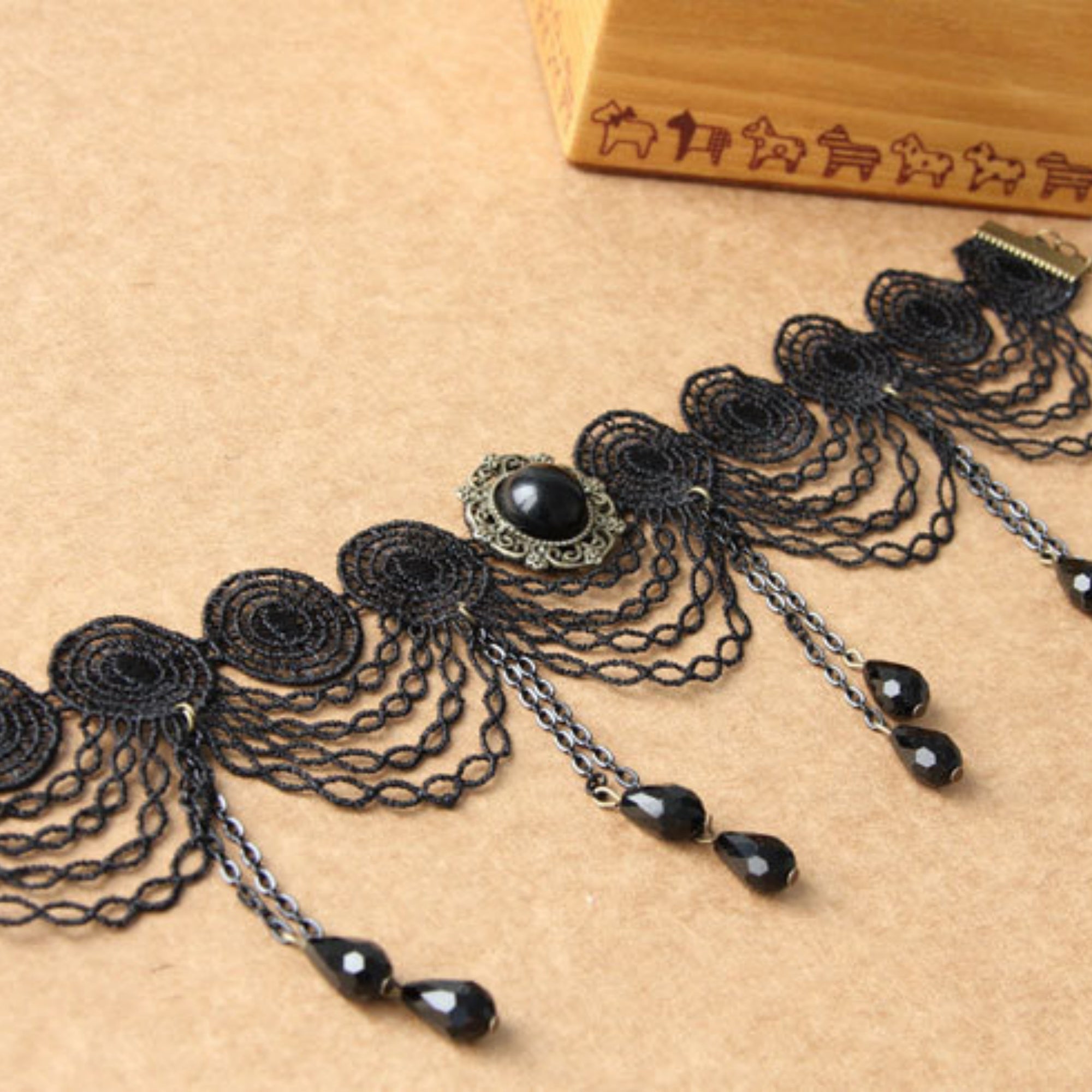 Halloween Black Gothic Lace Chandelier Collar Necklace | 6-Layer Chain 7 Crystal Teardrop Drop Victorian Gothic Queen Dark Empress Halloween Costume Jewelry Gift