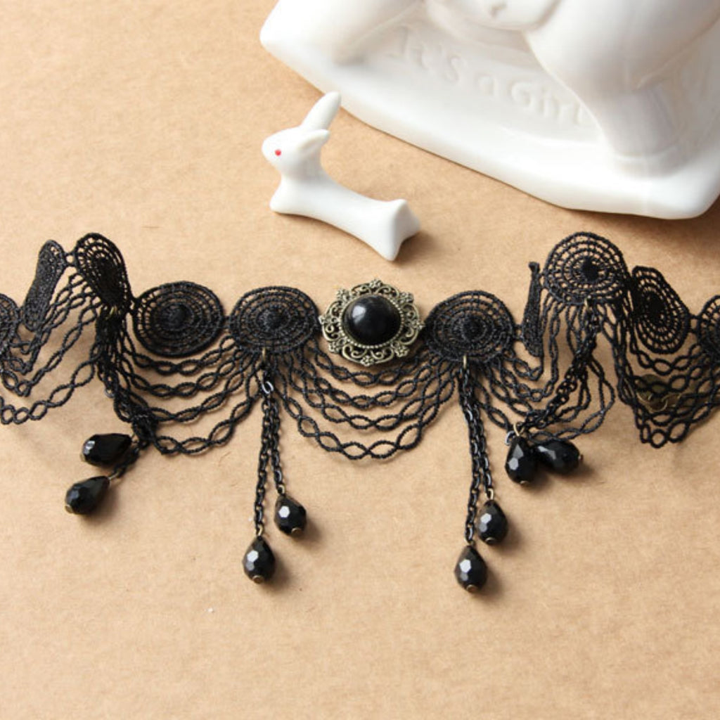 Halloween Black Gothic Lace Chandelier Collar Necklace | 6-Layer Chain 7 Crystal Teardrop Drop Victorian Gothic Queen Dark Empress Halloween Costume Jewelry Gift