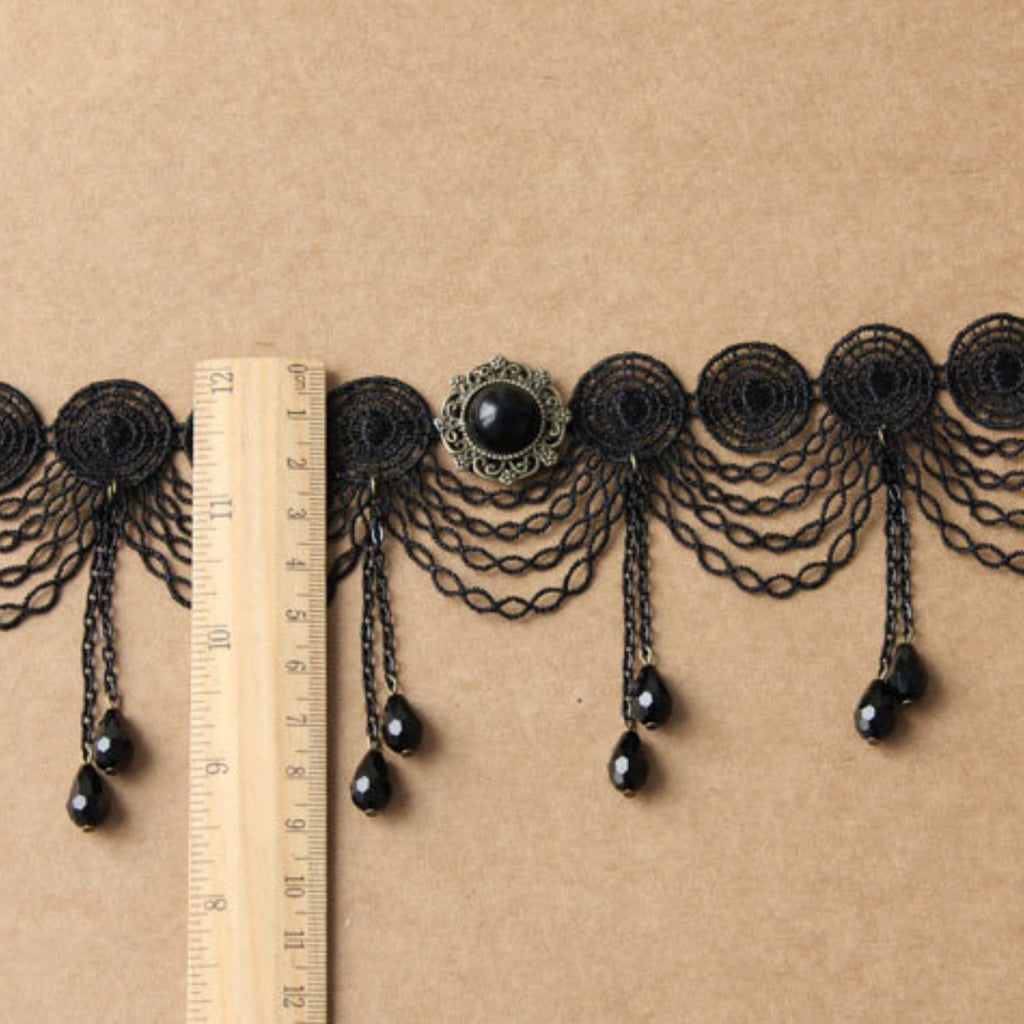 Halloween Black Gothic Lace Chandelier Collar Necklace | 6-Layer Chain 7 Crystal Teardrop Drop Victorian Gothic Queen Dark Empress Halloween Costume Jewelry Gift