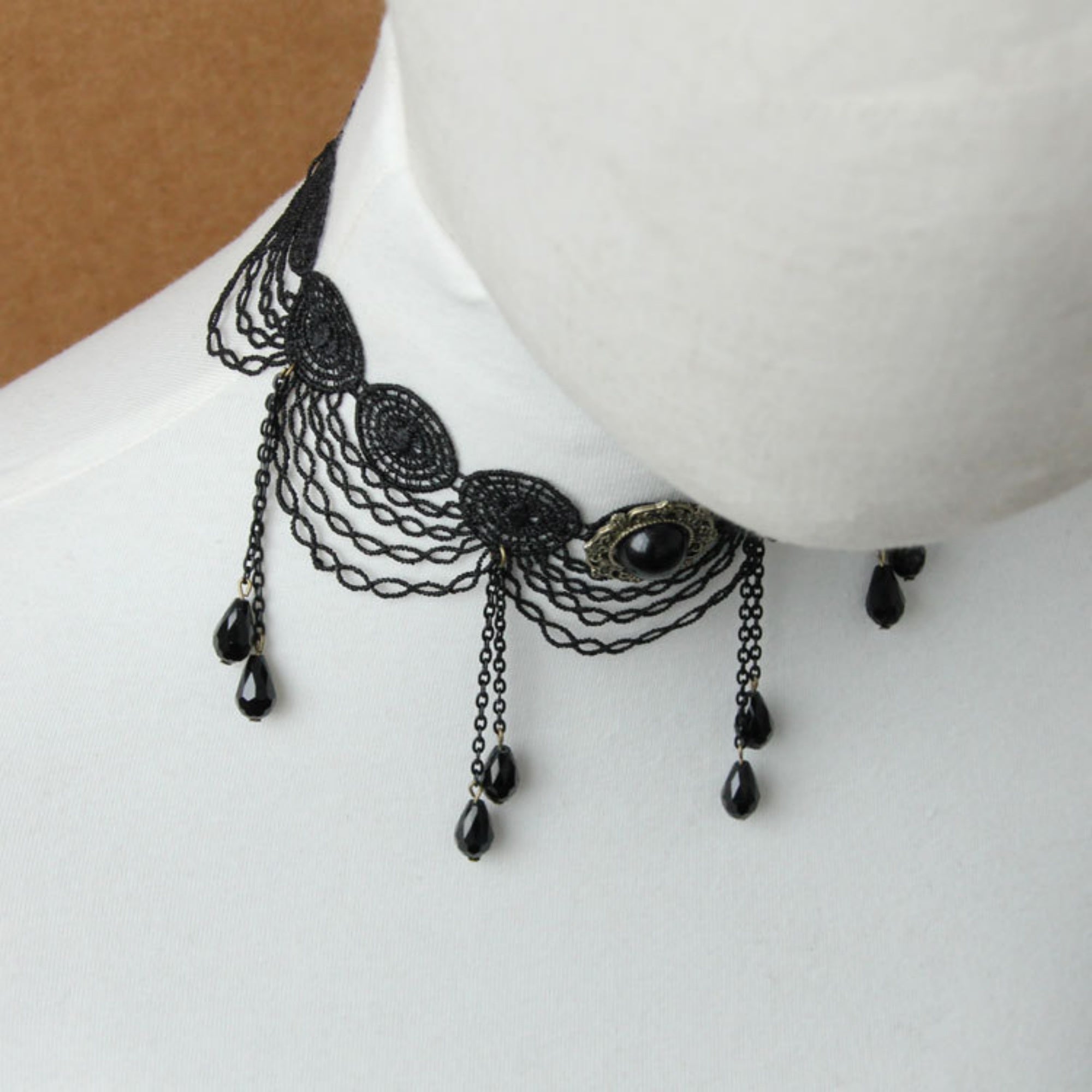 Halloween Black Gothic Lace Chandelier Collar Necklace | 6-Layer Chain 7 Crystal Teardrop Drop Victorian Gothic Queen Dark Empress Halloween Costume Jewelry Gift