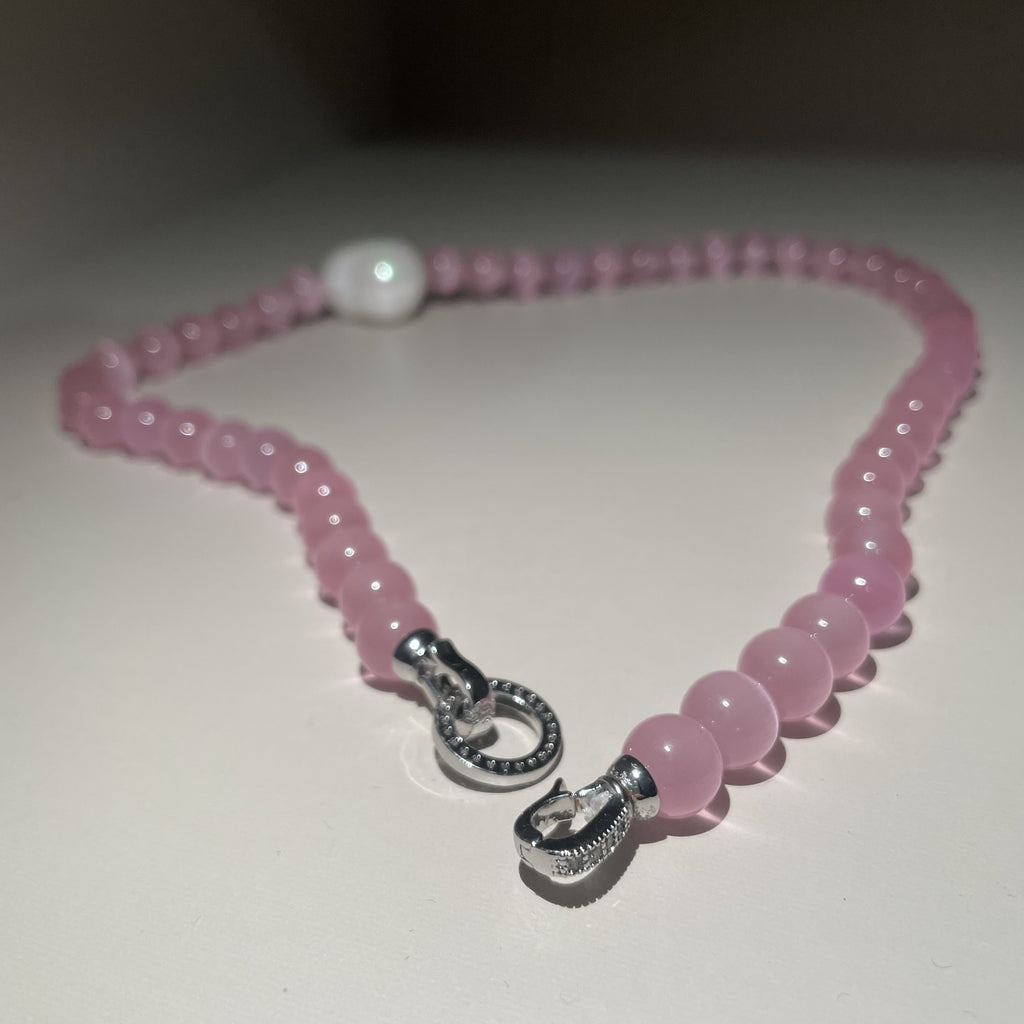 Handmade Pink Cat Eye Stone Bead Choker Necklace | Baroque Pearl Accent