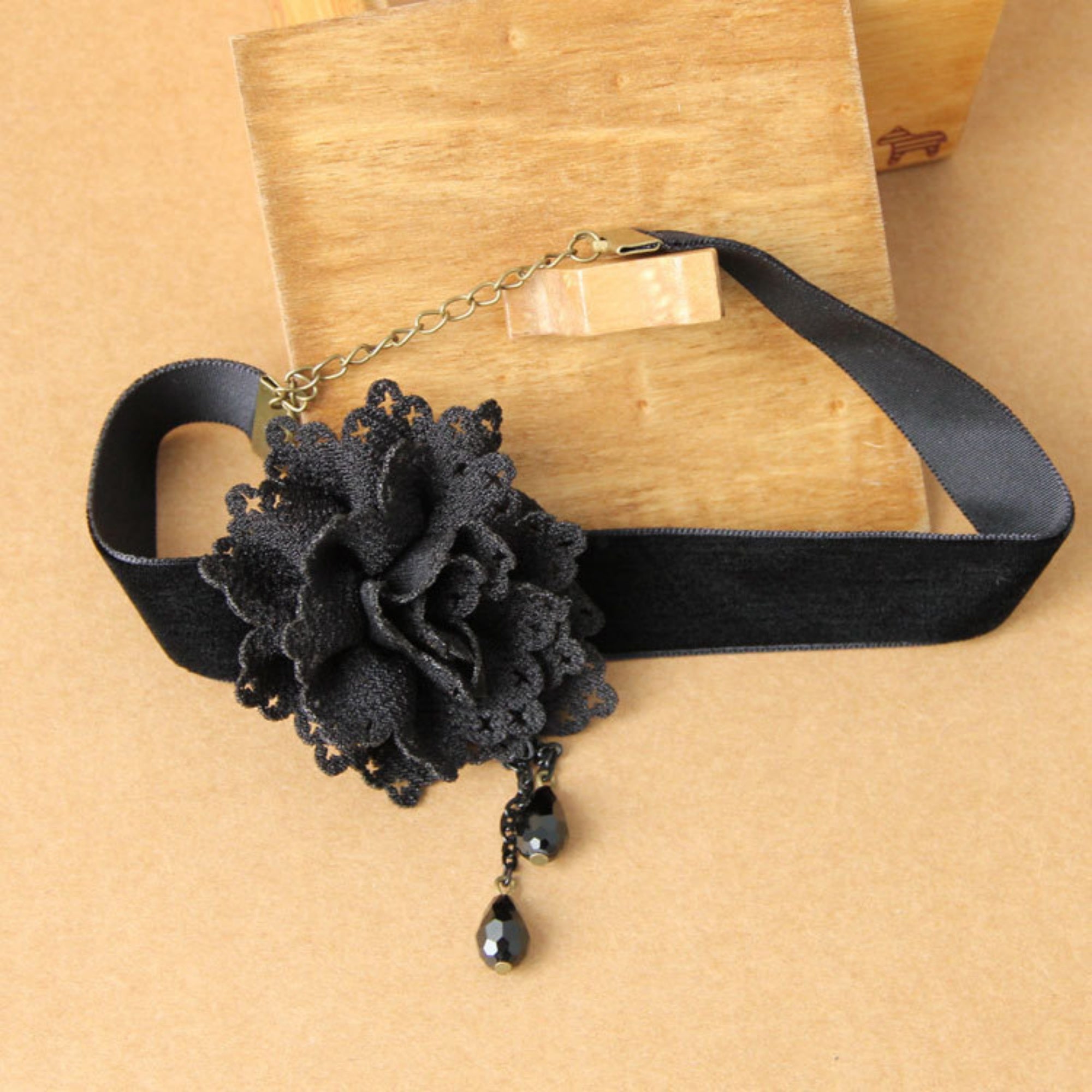 Halloween Black Velvet Wide Choker Necklace | Giant Black Lace Rose Double Crystal Teardrop Drop Gothic Lolita Dark Academia Halloween Costume Jewelry Gift