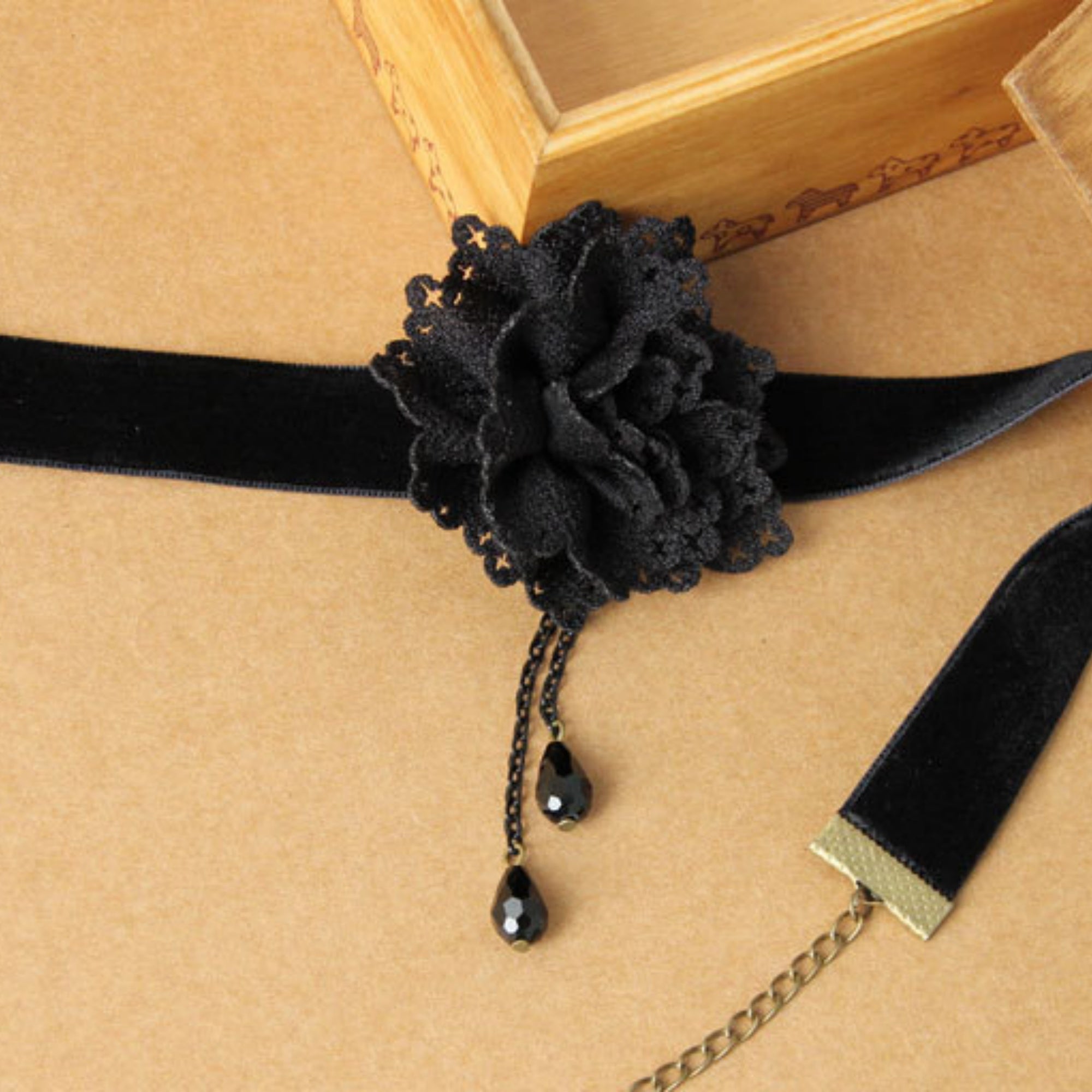 Halloween Black Velvet Wide Choker Necklace | Giant Black Lace Rose Double Crystal Teardrop Drop Gothic Lolita Dark Academia Halloween Costume Jewelry Gift