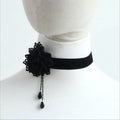 Halloween Black Velvet Wide Choker Necklace | Giant Black Lace Rose Double Crystal Teardrop Drop Gothic Lolita Dark Academia Halloween Costume Jewelry Gift