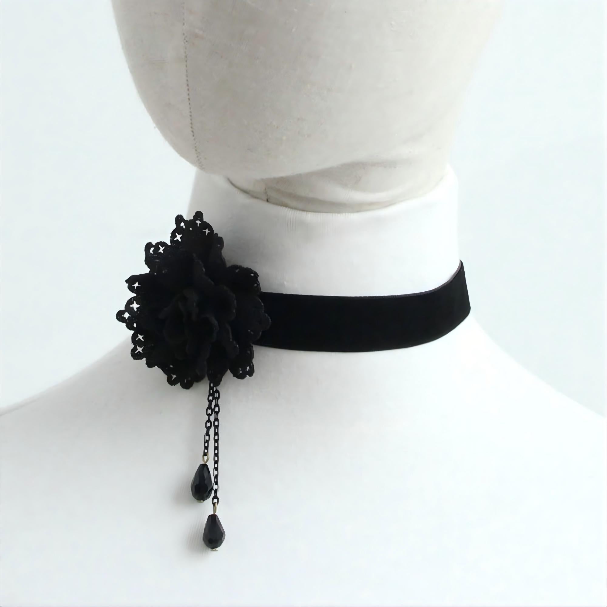 Halloween Black Velvet Wide Choker Necklace | Giant Black Lace Rose Double Crystal Teardrop Drop Gothic Lolita Dark Academia Halloween Costume Jewelry Gift