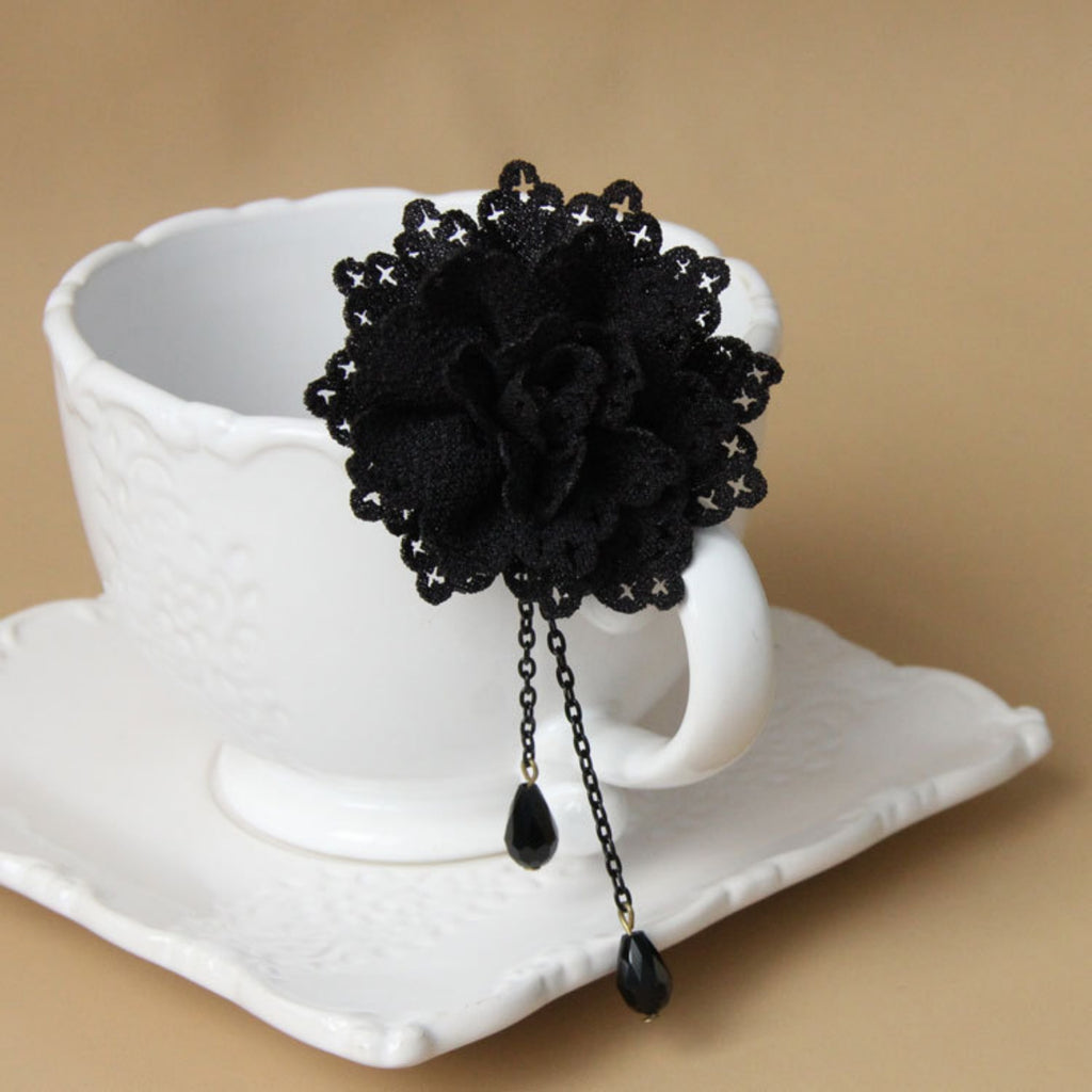 Halloween Black Velvet Wide Choker Necklace | Giant Black Lace Rose Double Crystal Teardrop Drop Gothic Lolita Dark Academia Halloween Costume Jewelry Gift
