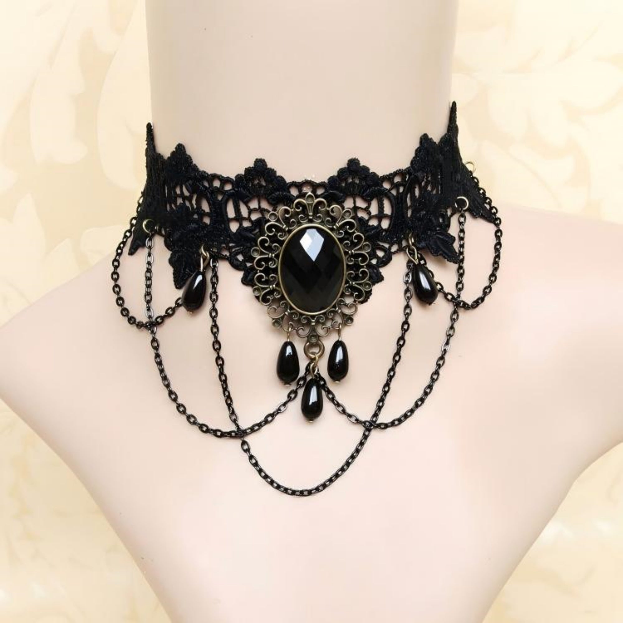 Halloween Victorian Gothic Black Lace Gem Chain Tassel Choker Necklace | Antique Bronze Oval Jewel Drop Chain Dark Halloween Jewelry
