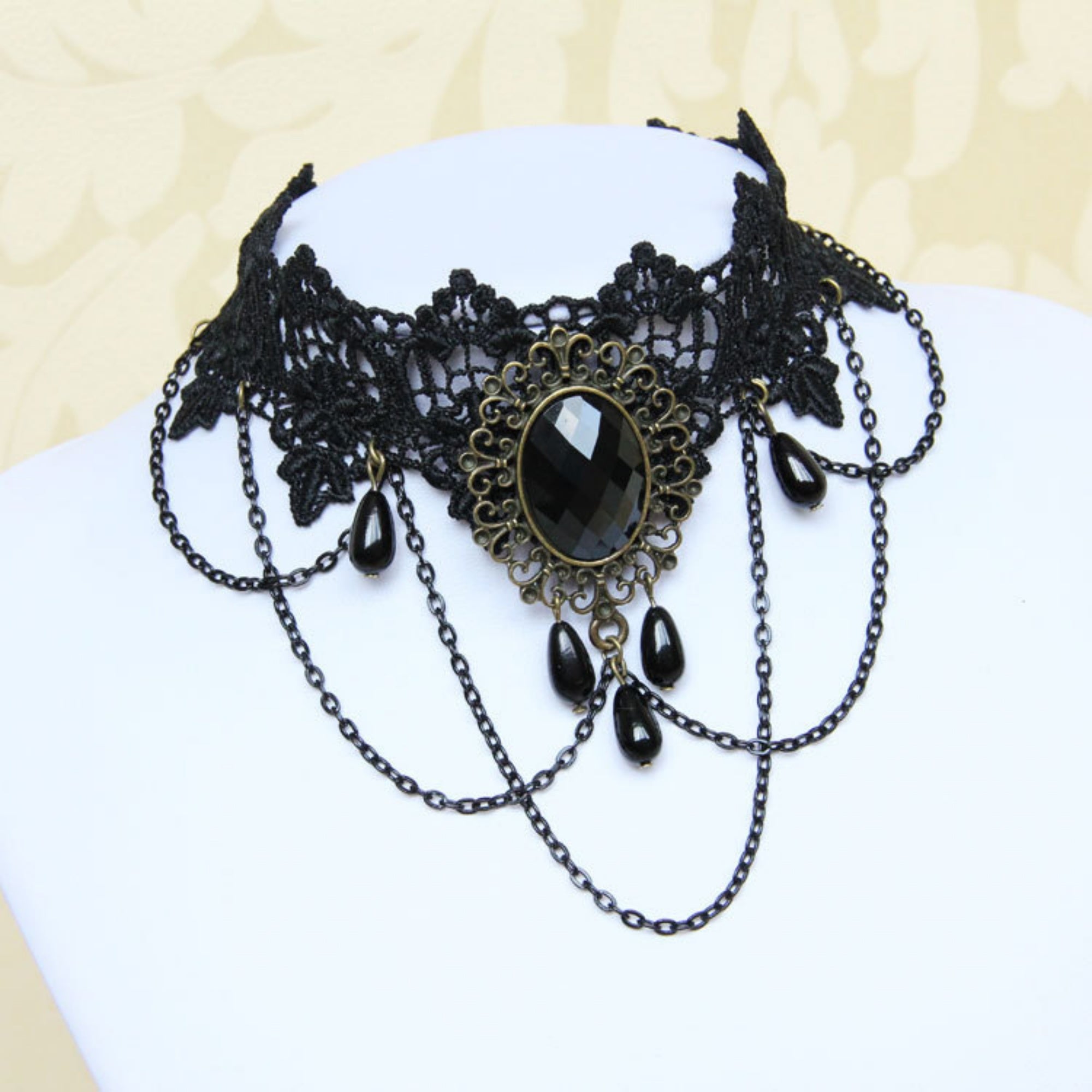 Halloween Victorian Gothic Black Lace Gem Chain Tassel Choker Necklace | Antique Bronze Oval Jewel Drop Chain Dark Halloween Jewelry