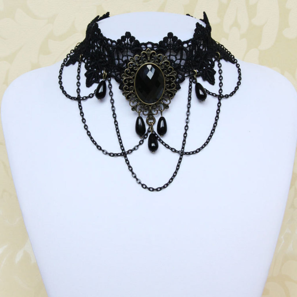 Halloween Victorian Gothic Black Lace Gem Chain Tassel Choker Necklace | Antique Bronze Oval Jewel Drop Chain Dark Halloween Jewelry