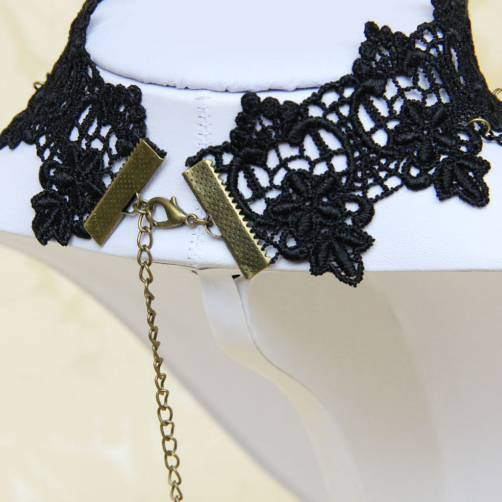 Halloween Victorian Gothic Black Lace Gem Chain Tassel Choker Necklace | Antique Bronze Oval Jewel Drop Chain Dark Halloween Jewelry
