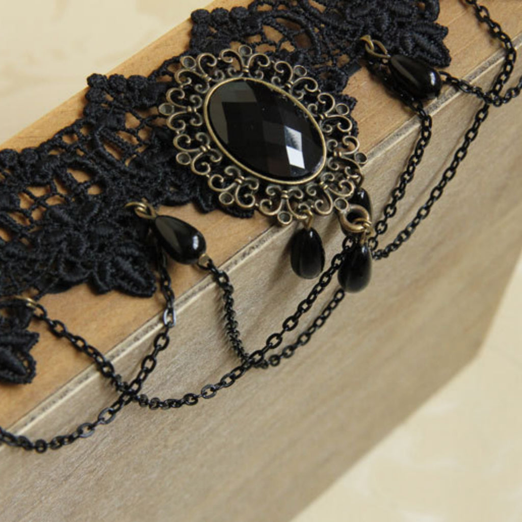 Halloween Victorian Gothic Black Lace Gem Chain Tassel Choker Necklace | Antique Bronze Oval Jewel Drop Chain Dark Halloween Jewelry