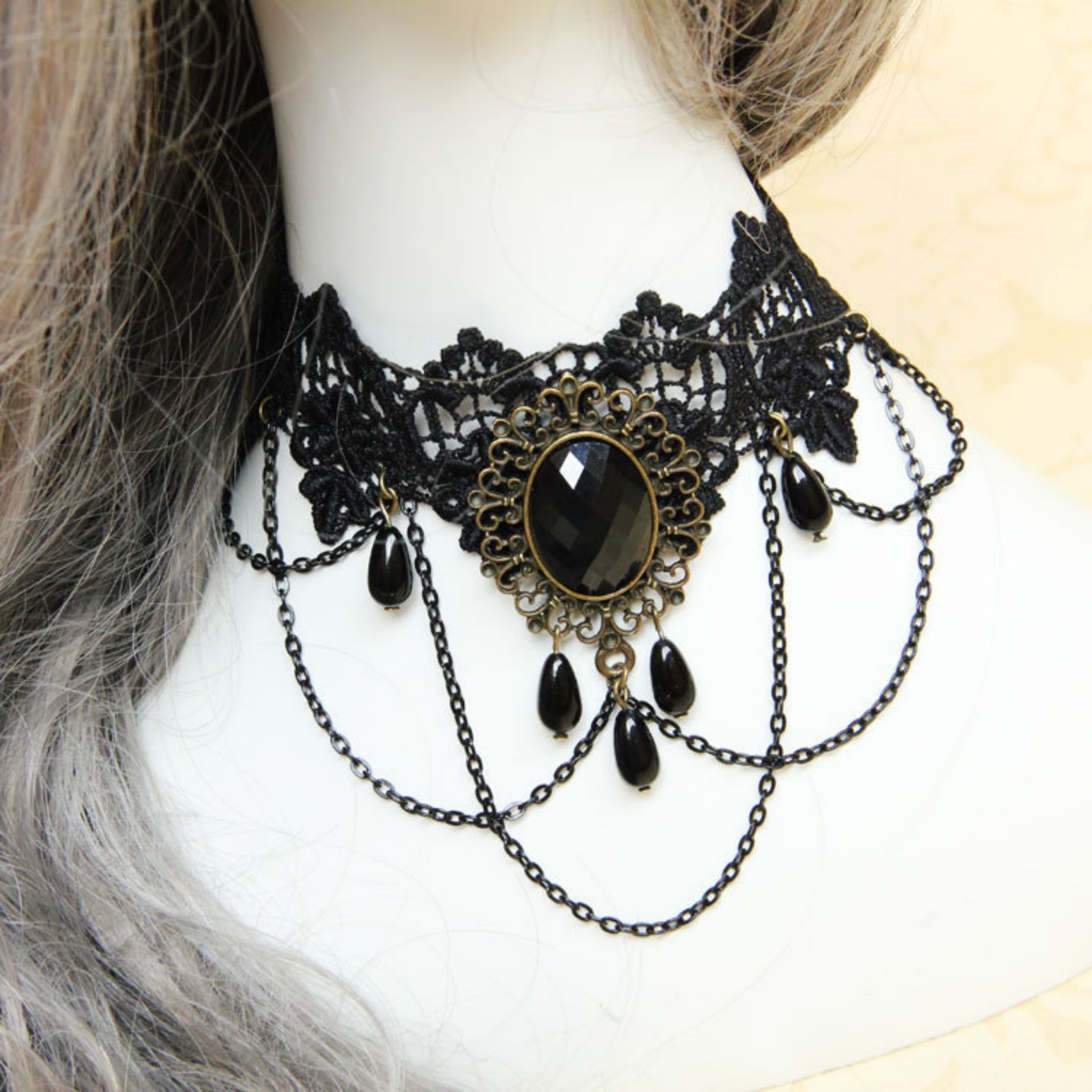 Halloween Victorian Gothic Black Lace Gem Chain Tassel Choker Necklace | Antique Bronze Oval Jewel Drop Chain Dark Halloween Jewelry