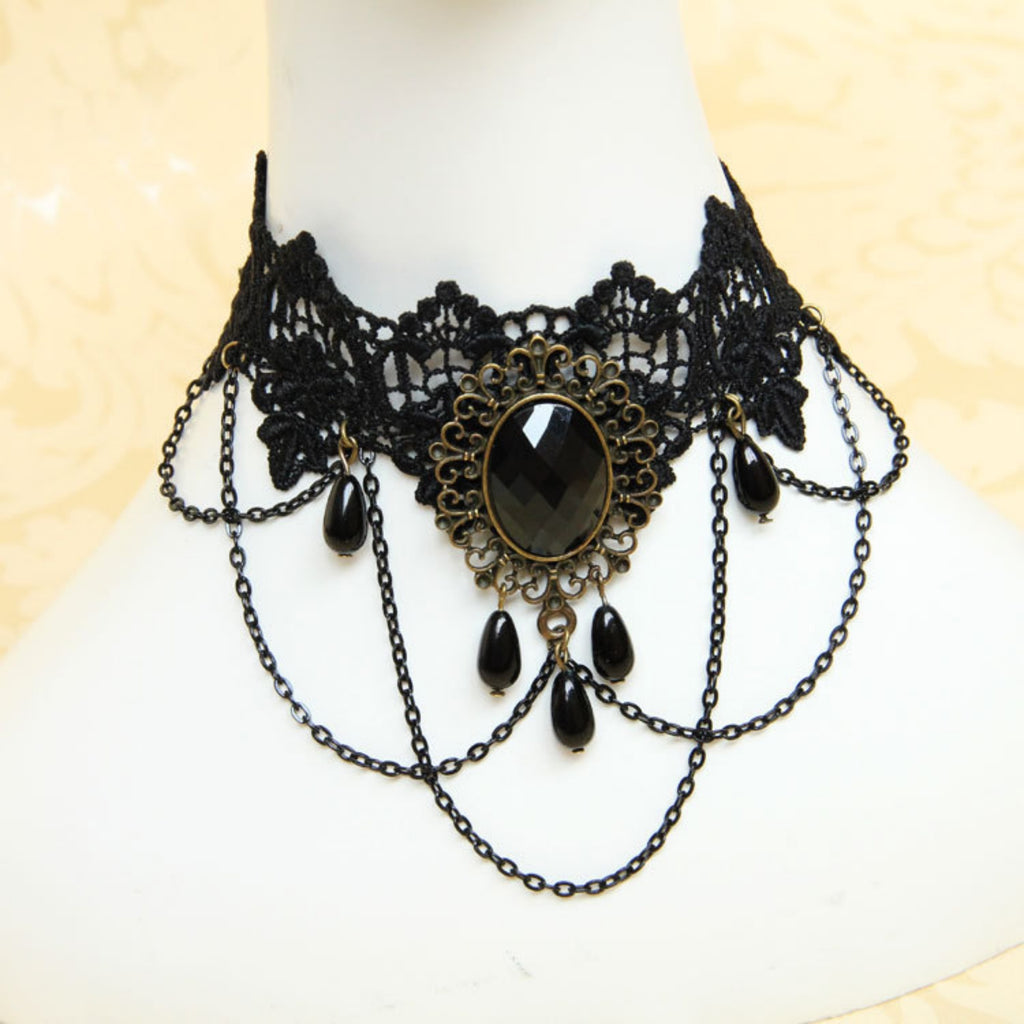 Halloween Victorian Gothic Black Lace Gem Chain Tassel Choker Necklace | Antique Bronze Oval Jewel Drop Chain Dark Halloween Jewelry