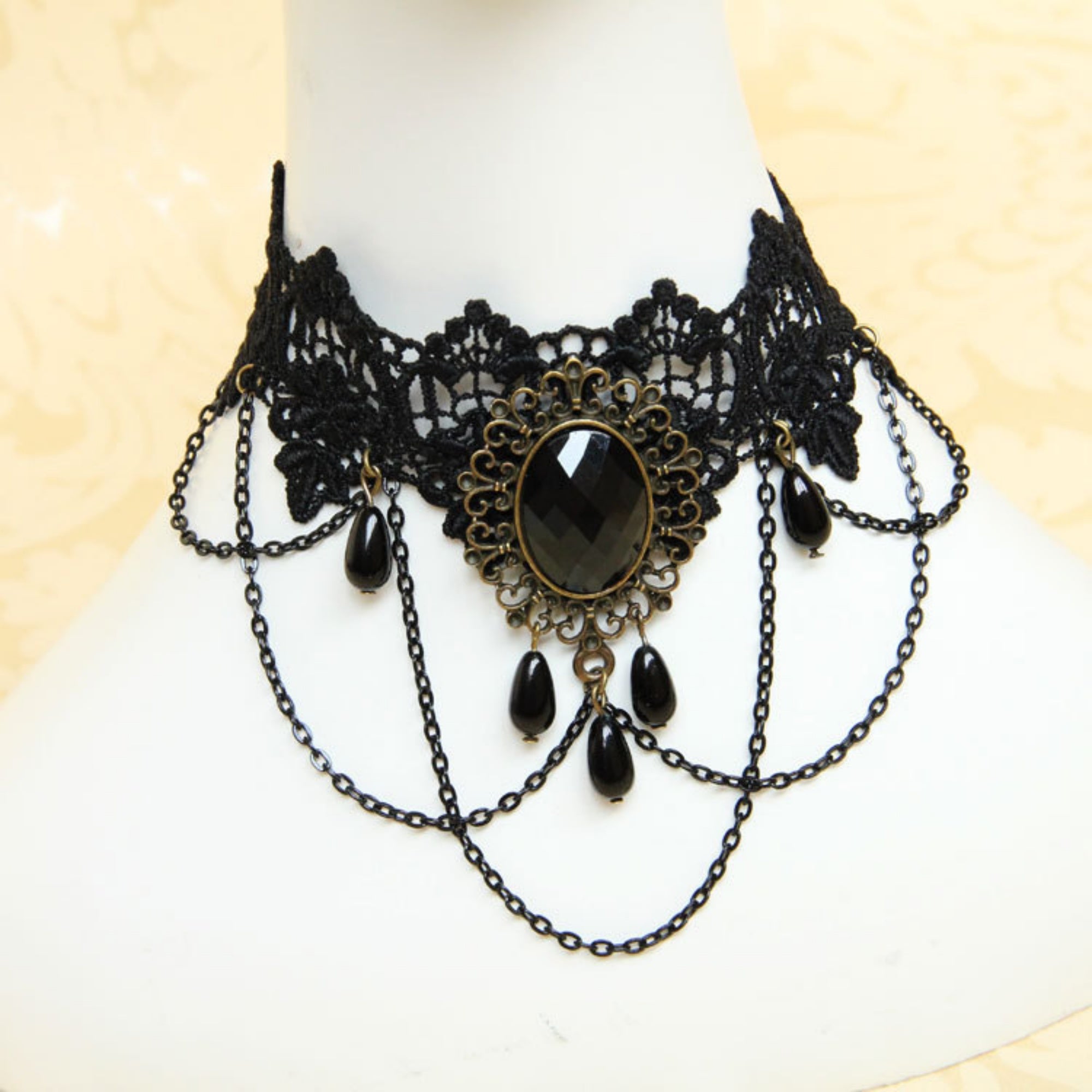 Halloween Victorian Gothic Black Lace Gem Chain Tassel Choker Necklace | Antique Bronze Oval Jewel Drop Chain Dark Halloween Jewelry