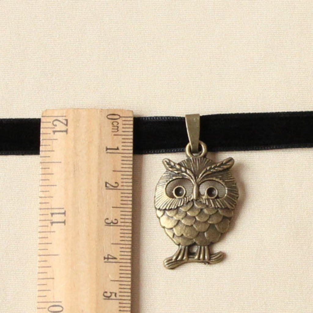 Halloween Black Velvet Owl Choker Necklace | Antique Bronze Owl Pendant Witch Familiar Night Owl Halloween Costume Jewelry Gift